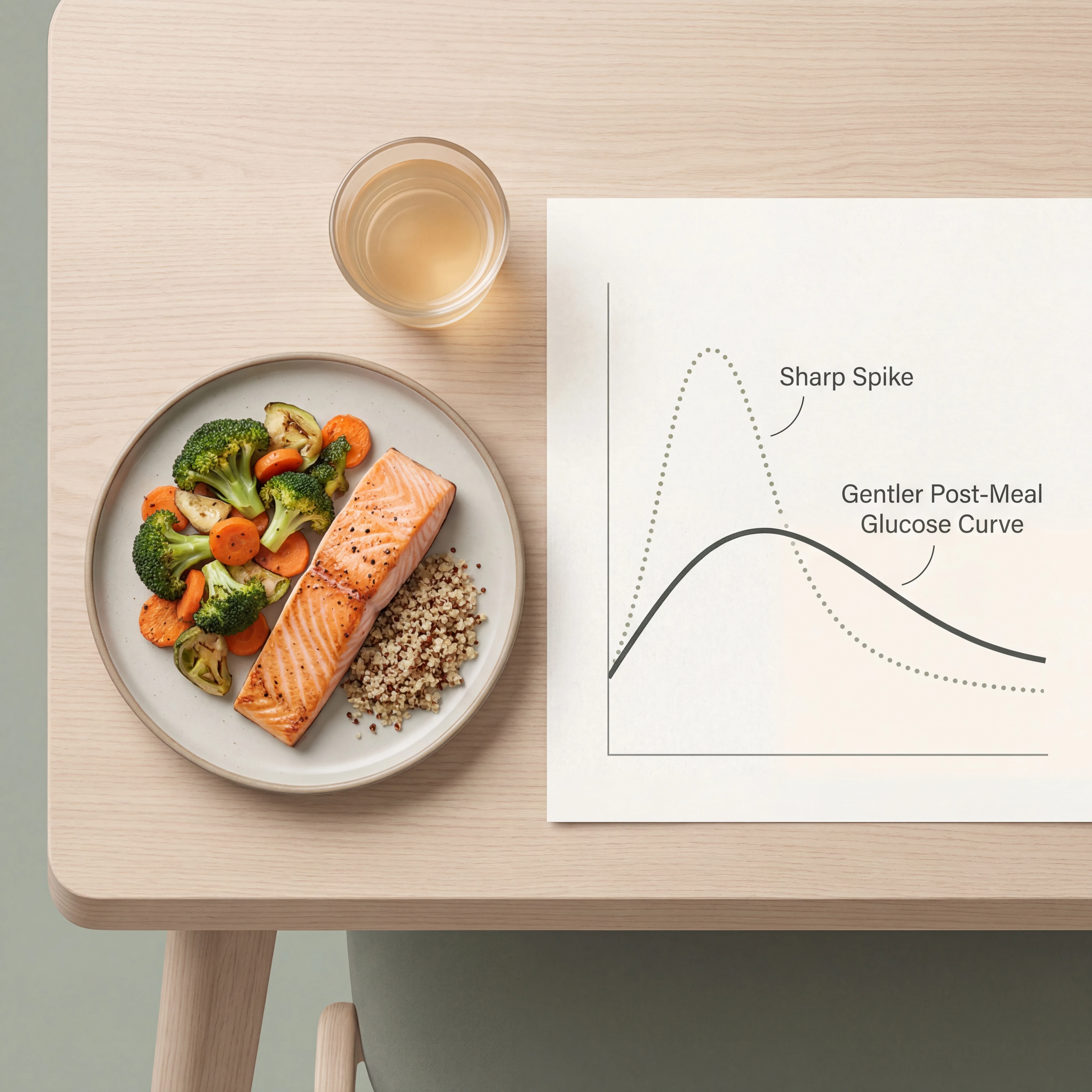 Illustration of meal plate, diluted vinegar drink, and gentler blood glucose curve over two hours