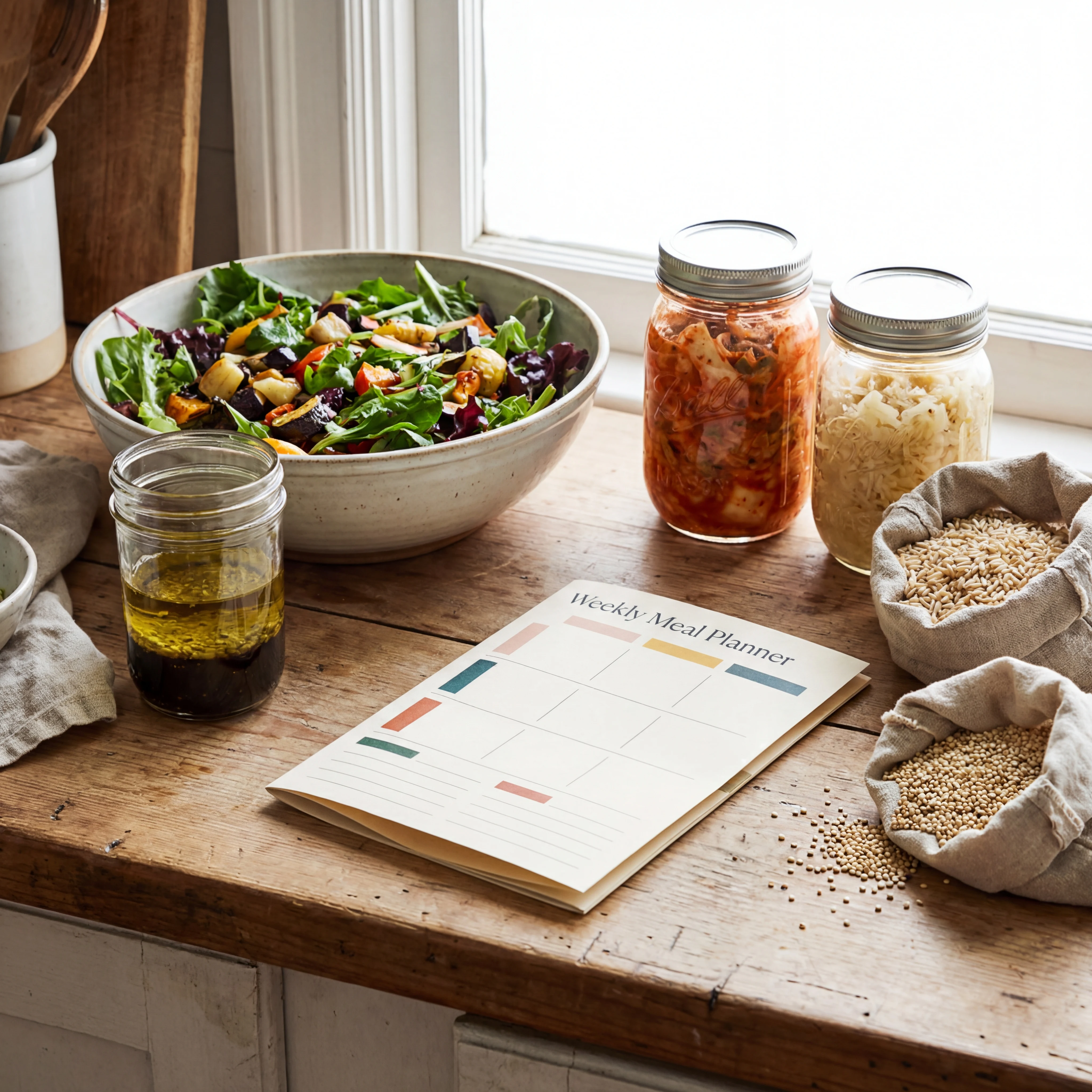 Kitchen scene with salad dressing ingredients, fermented vegetables, and a weekly meal plan emphasizing food-first use of apple cider vinegar
