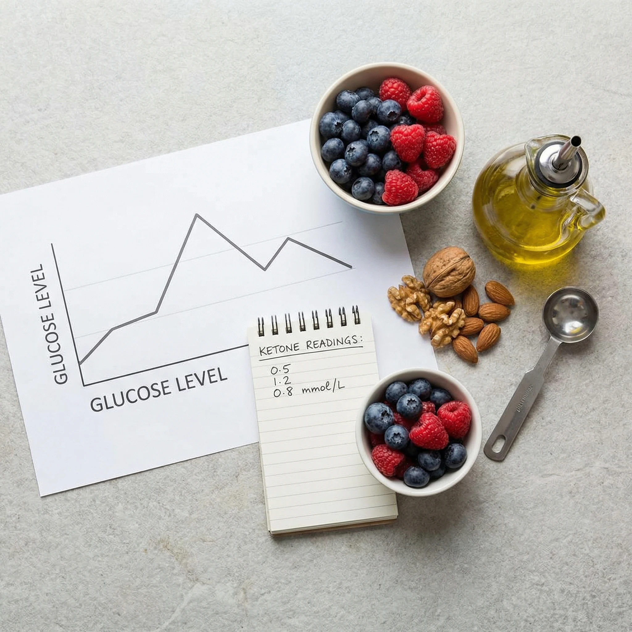 Top-down still life with glucose and ketone tracking tools, berries, nuts, and olive oil representing metabolic monitoring during fasting.