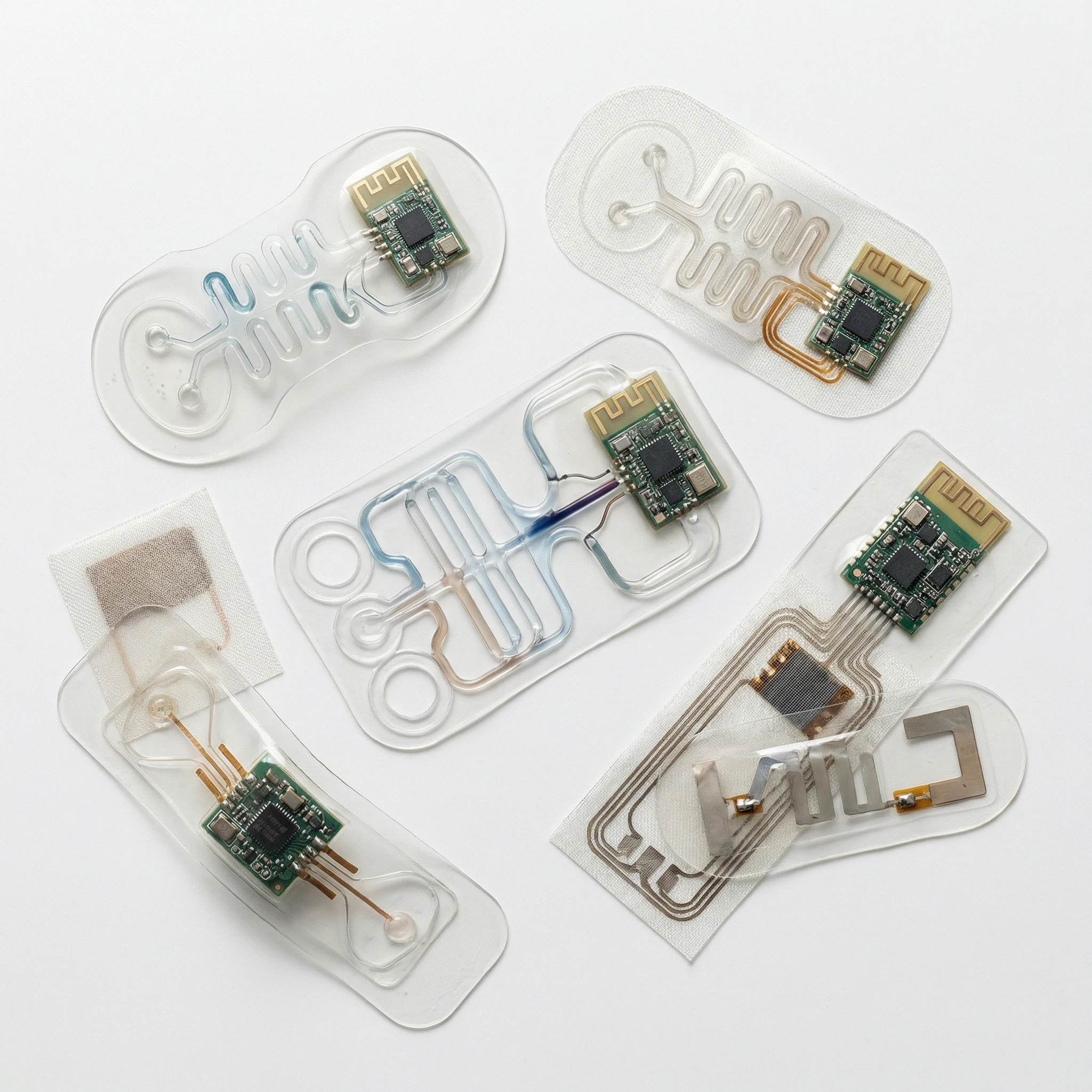 Collection of wearable sensor patches showing microfluidic channels and wireless modules