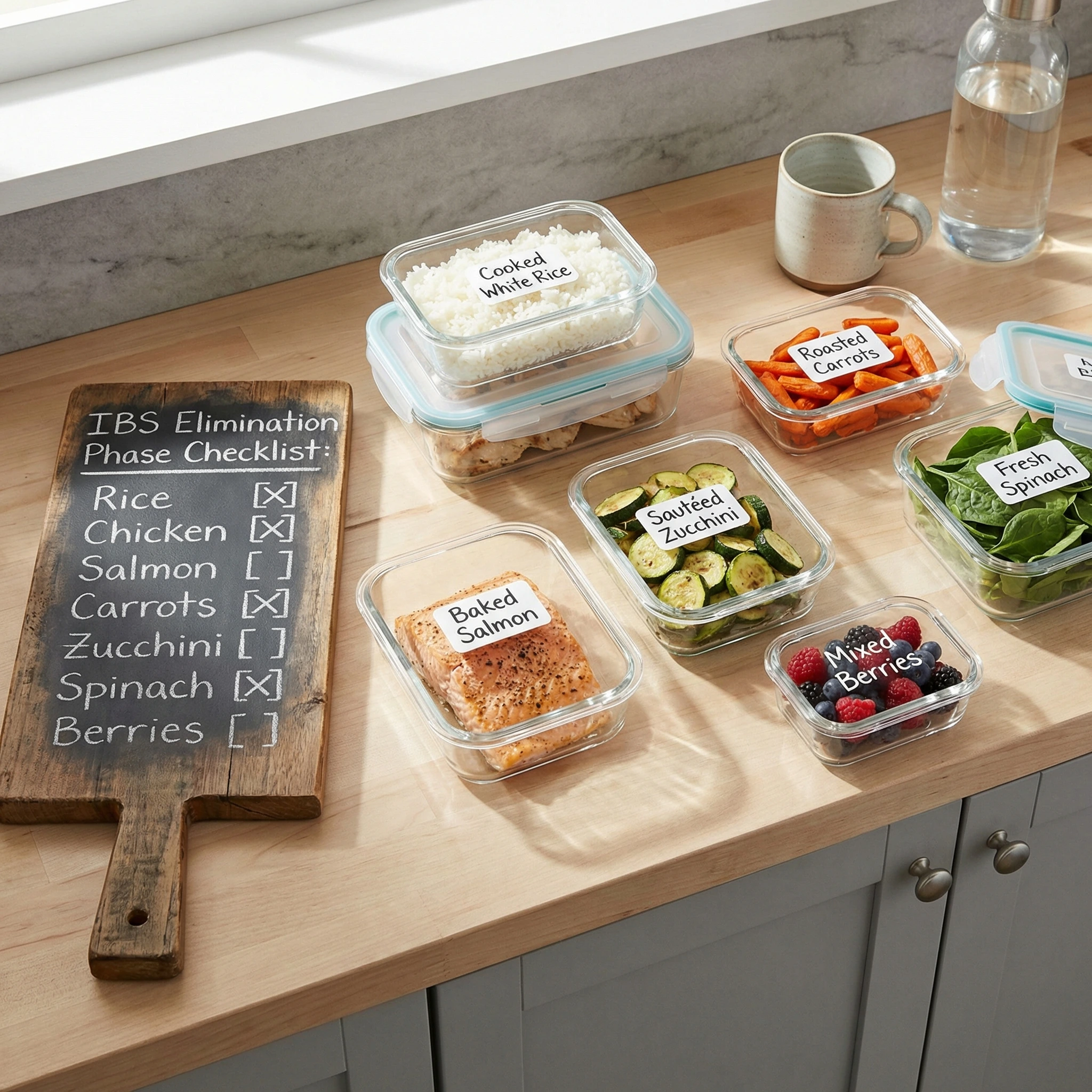 Weekly meal prep board with labeled low-FODMAP breakfast lunch and dinner combinations and grocery checklist