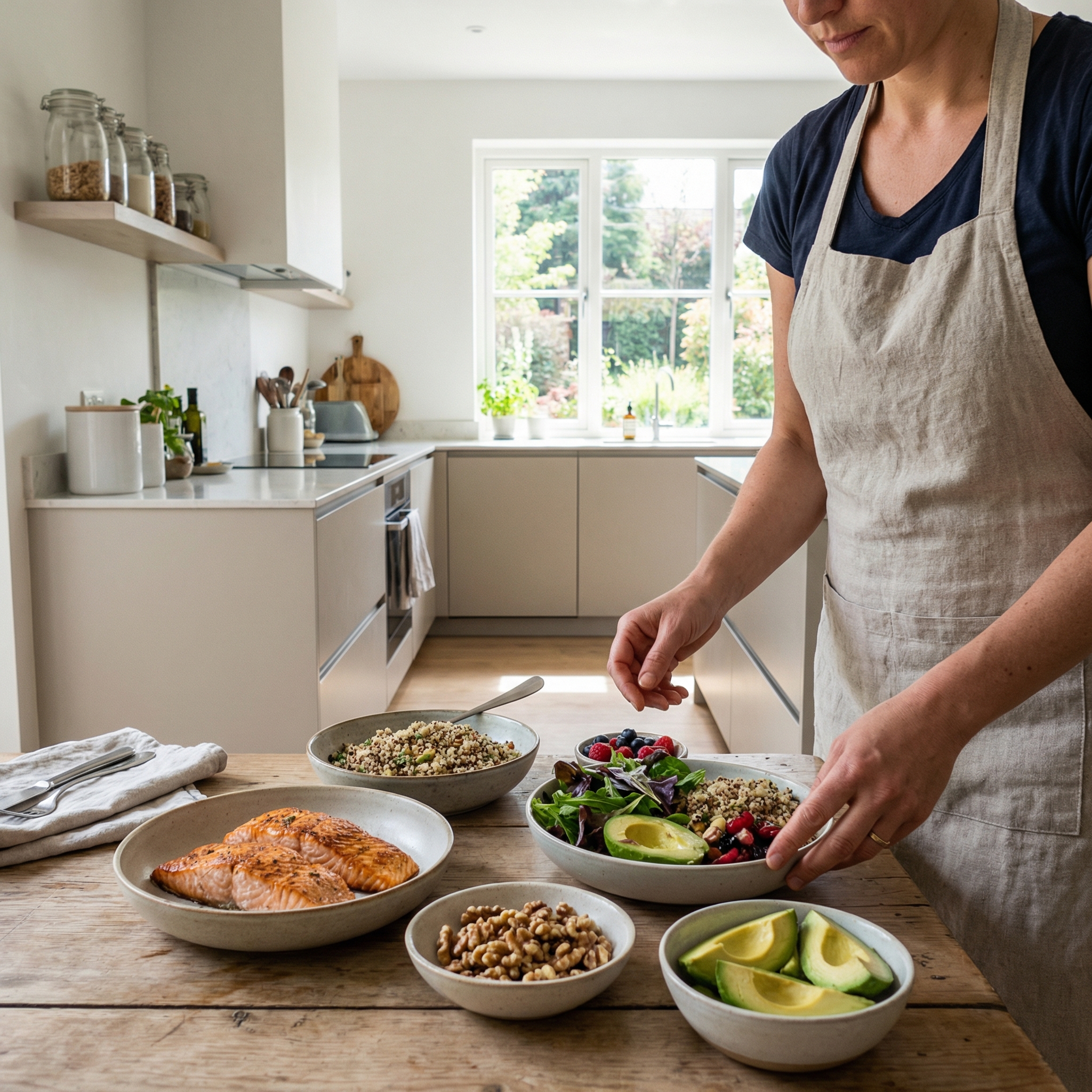Balanced meal ingredients including fish, leafy greens, nuts, and grains prepared in a home kitchen.