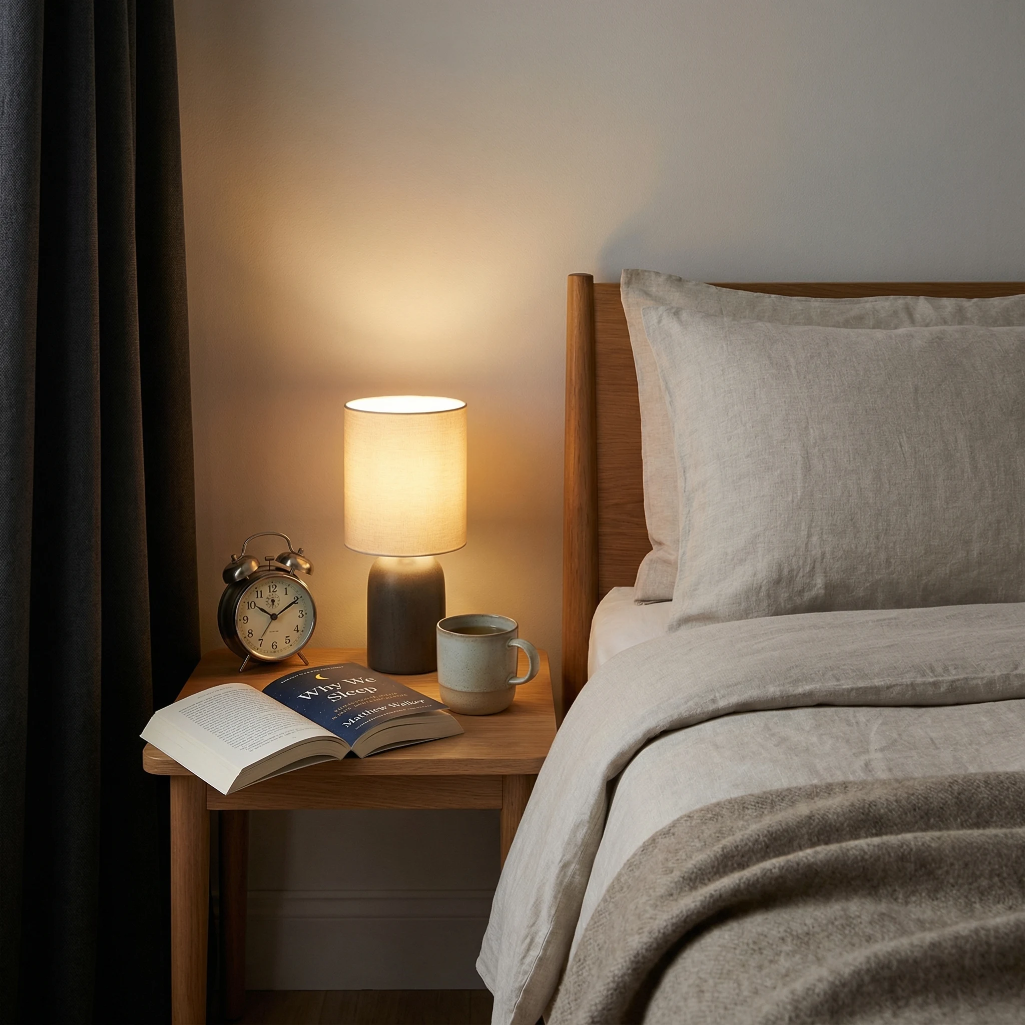 Sleep hygiene environment with a made bed, bedside lamp, analog clock, open book, and herbal tea