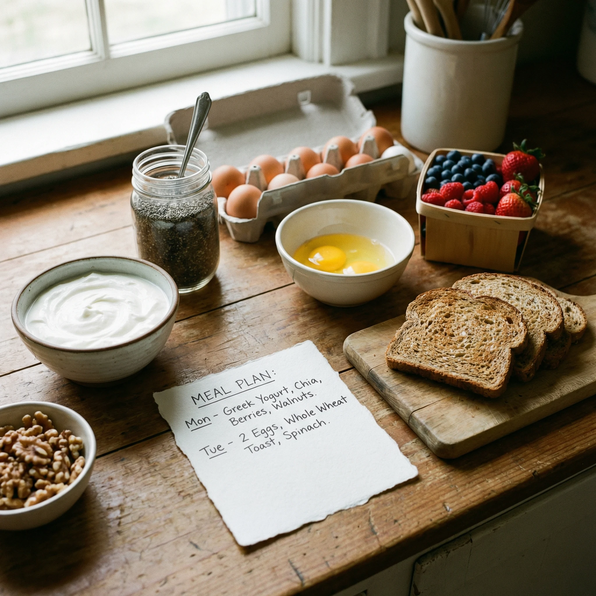 Meal prep layout with yogurt, eggs, berries, chia seeds, whole-grain toast, and nuts for a protein and fiber focused breakfast