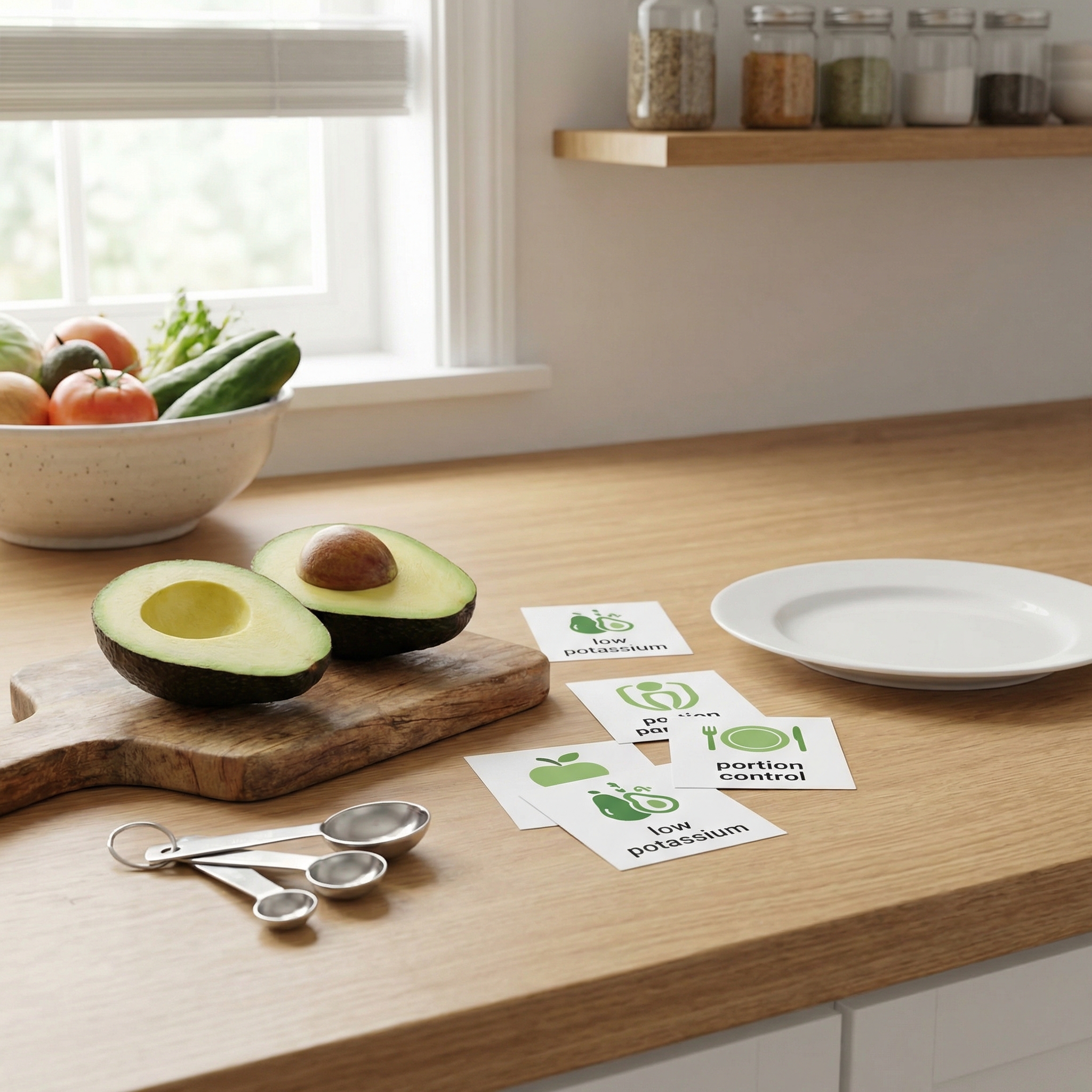 Avocado halves beside measuring spoons and plated portions illustrating practical serving-size and potassium awareness.