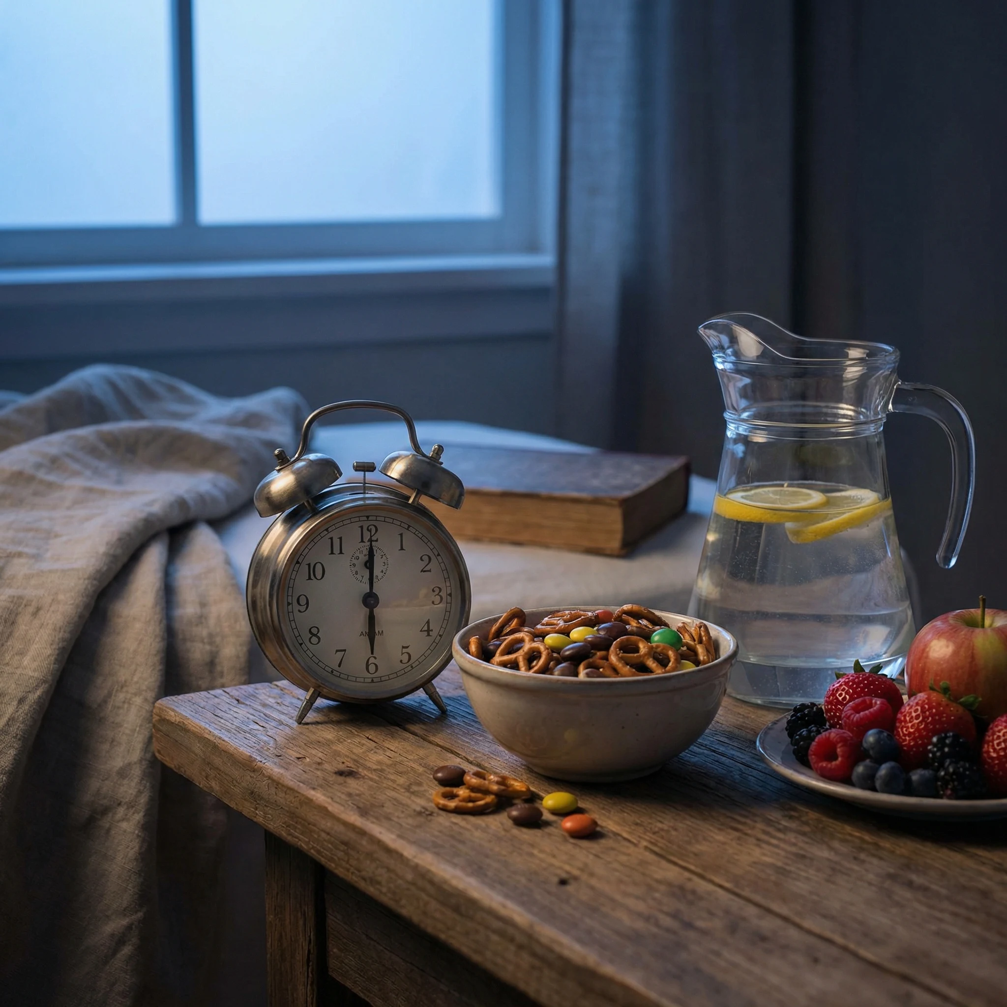 Still life with alarm clock, water, fruit, and an untouched snack bowl representing the impact of sleep and stress on appetite