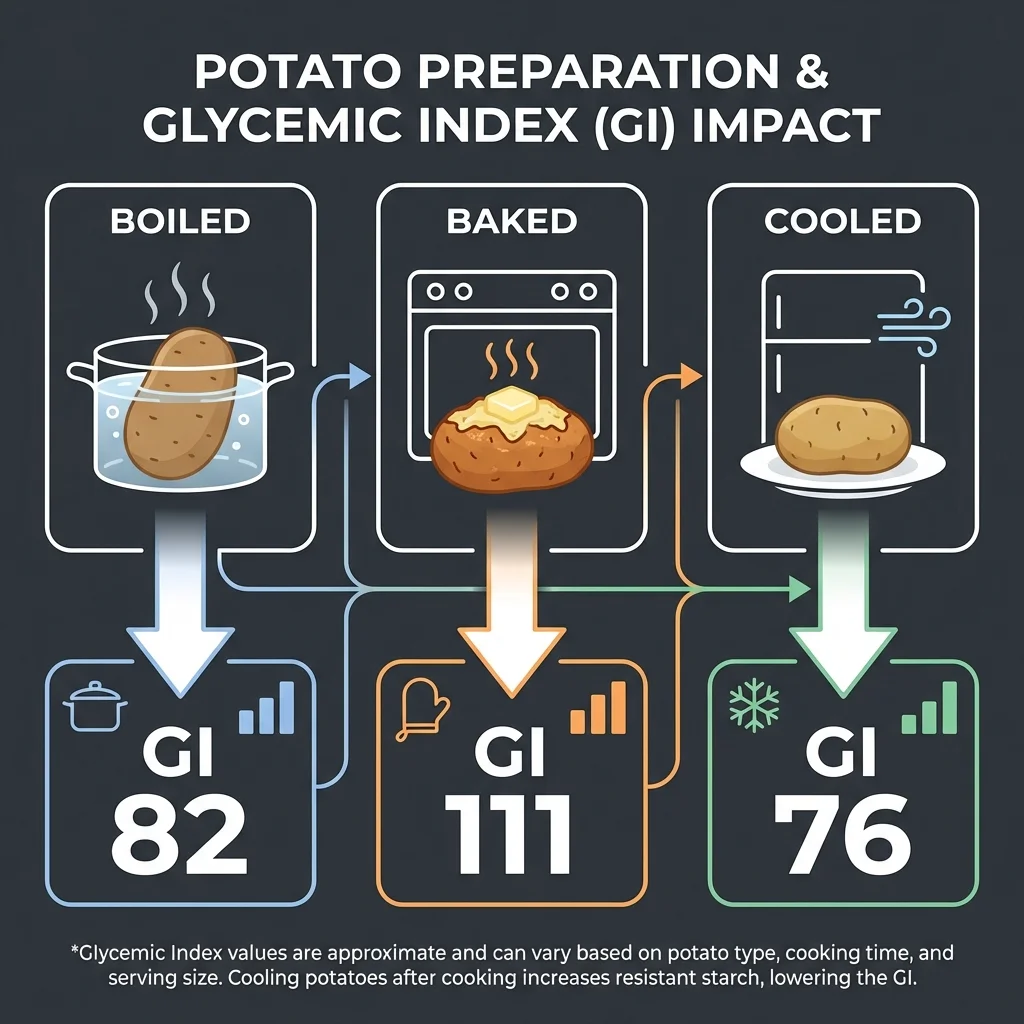 Side-by-side infographic showing how different cooking methods affect the glycemic index of potatoes, with boiled, baked, and cooled preparation styles