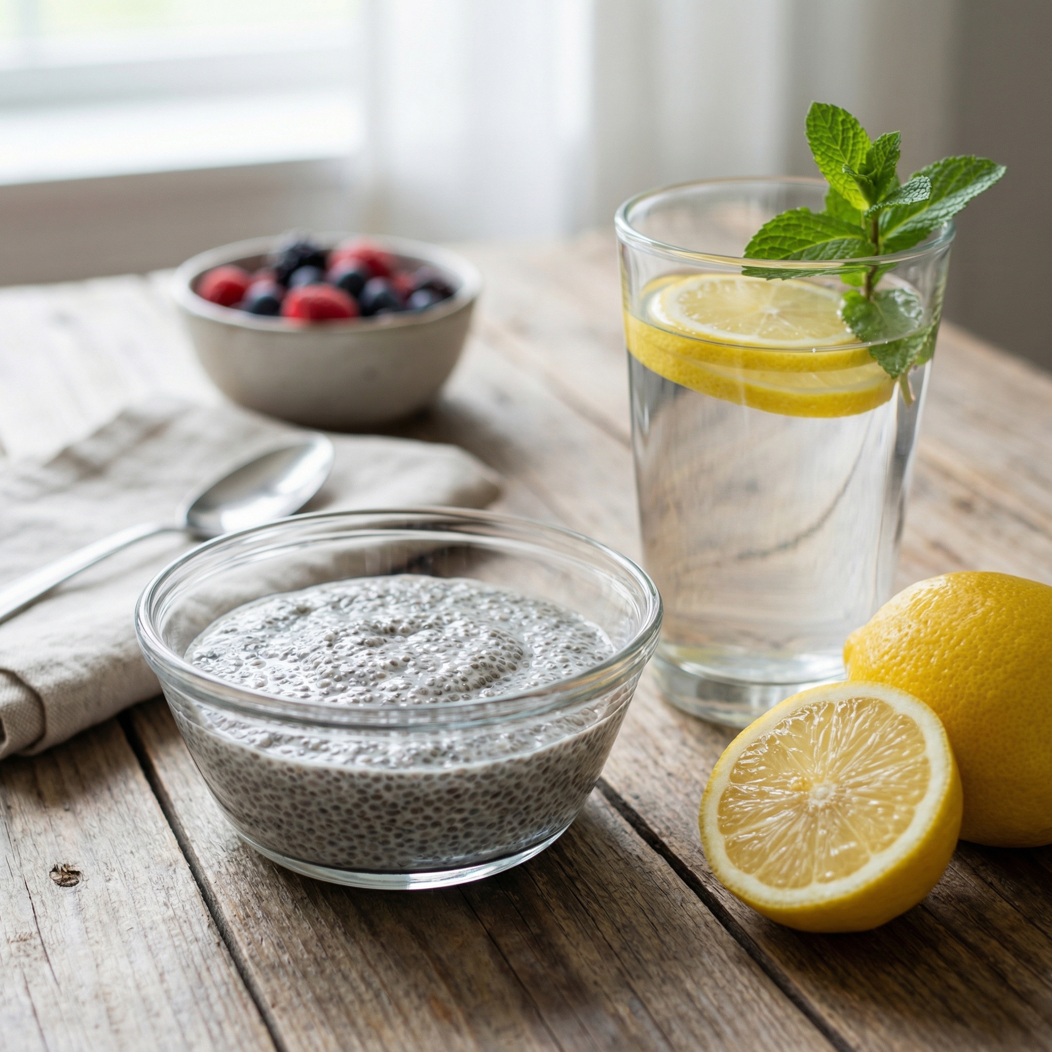 Hydrated chia gel in a glass bowl with lemon water and fresh fruit to illustrate fluid-absorbing fiber.