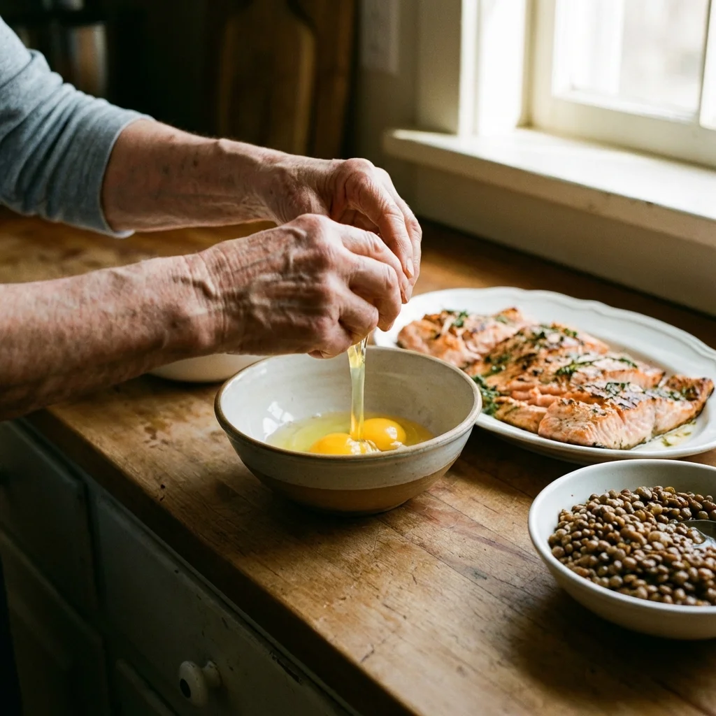 Elderly hands preparing a protein-rich meal with eggs, fish, and legumes in a bright kitchen