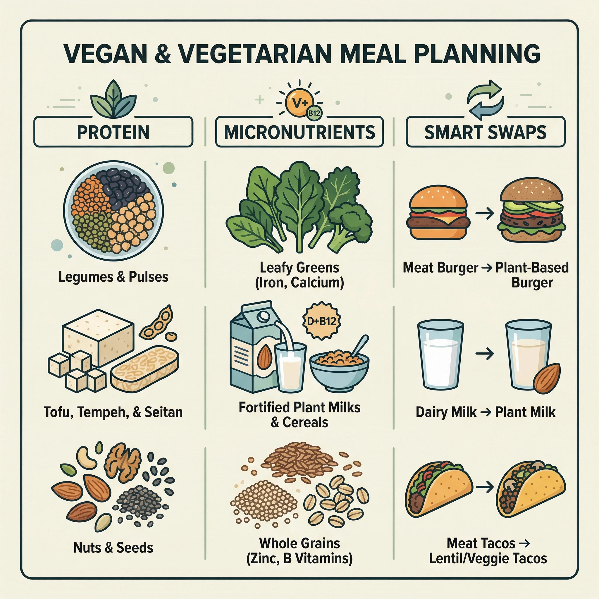 Infographic showing key vegan and vegetarian nutrition pillars for protein, micronutrients, and smart food swaps