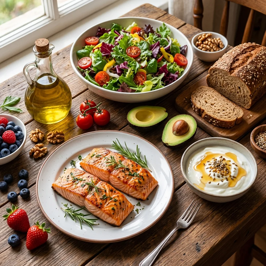 Colorful Mediterranean diet spread with fresh vegetables, olive oil, fish, nuts, and whole grains on a rustic wooden table