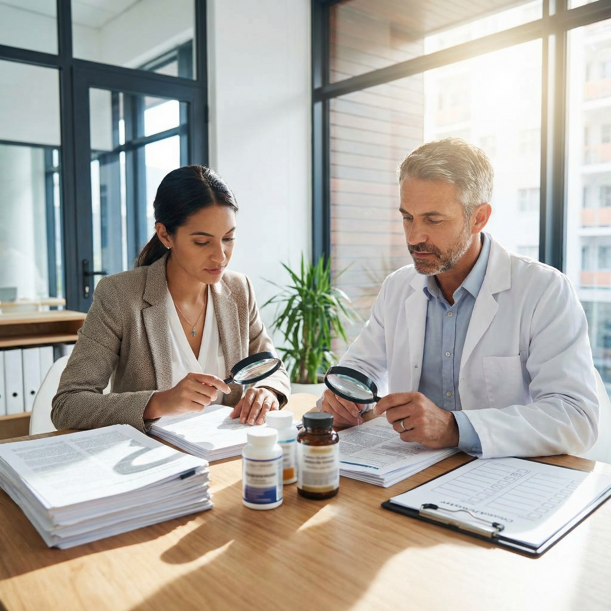 Health editor and clinician reviewing journal evidence and supplement labels during an editorial fact-check meeting.