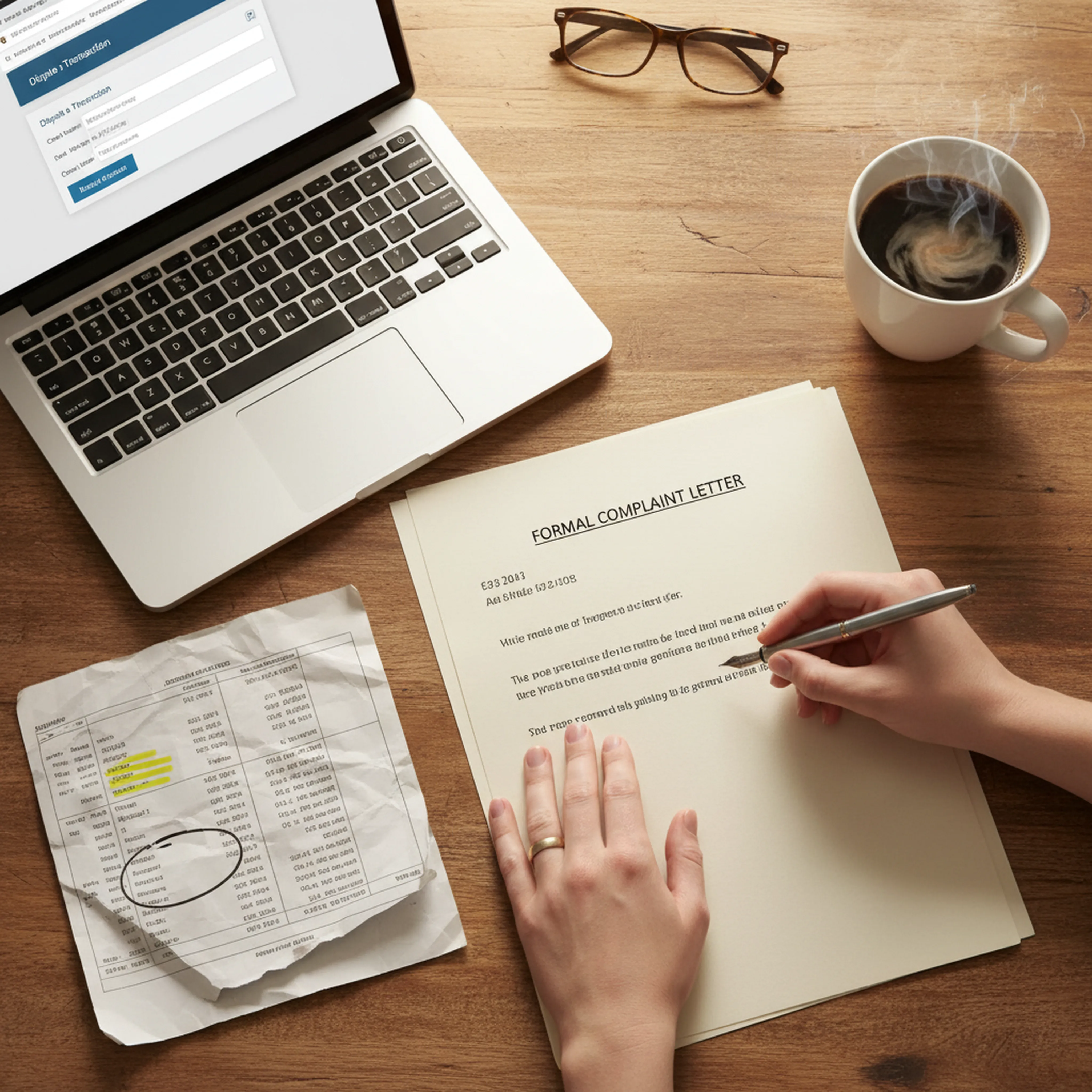 Person sitting at a desk writing a formal complaint letter with a credit card statement and laptop nearby