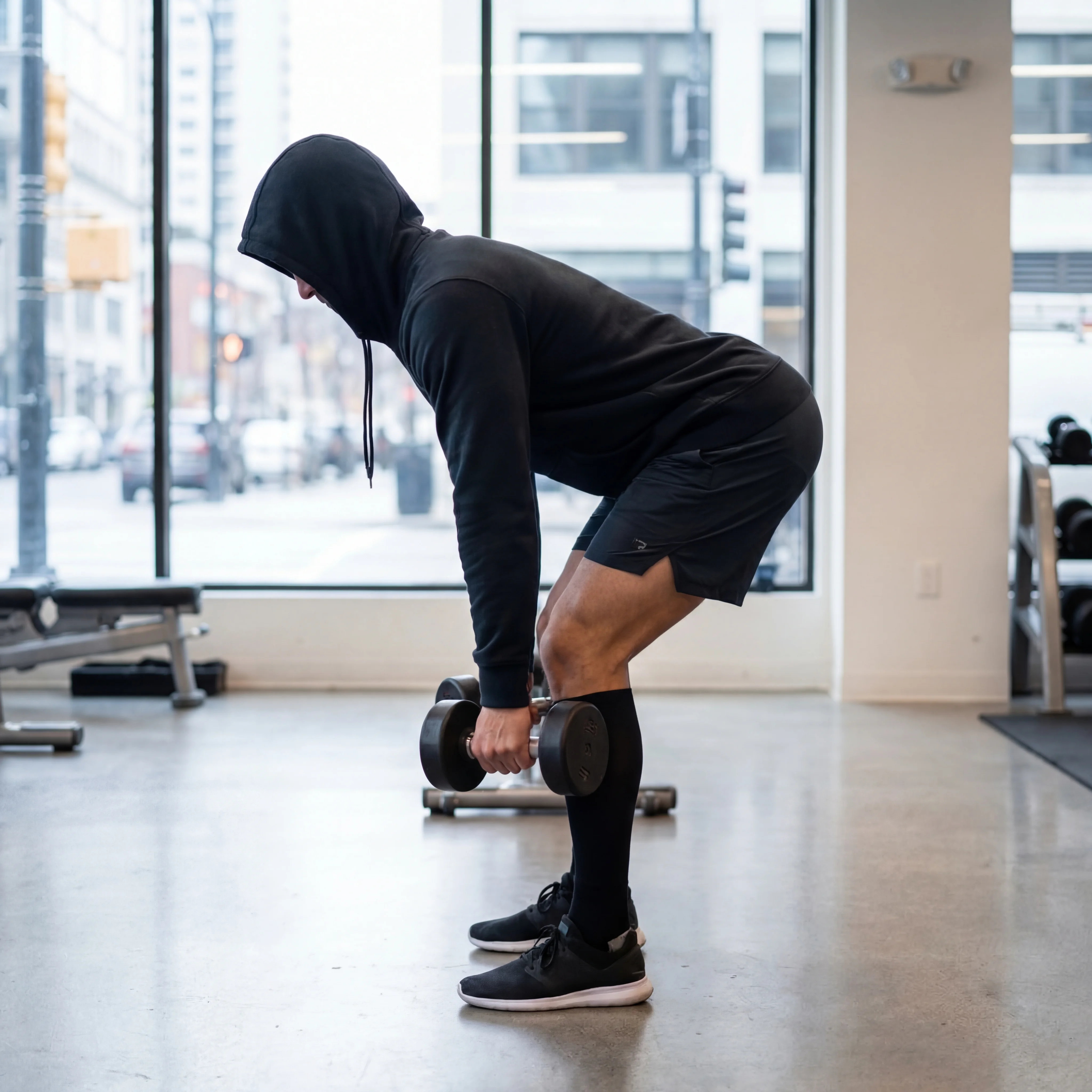 A person performing a dumbbell Romanian deadlift in a gym, demonstrating a compound hip hinge movement central to the resistance training protocols recommended for GLP-1 users preserving lean muscle mass