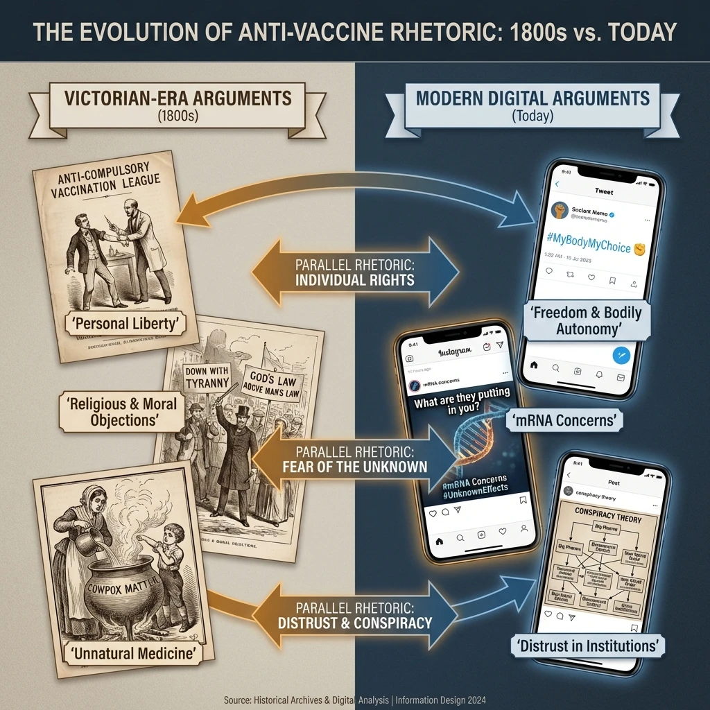 Infographic comparing three core anti-vaccine arguments from the 1800s alongside their modern digital equivalents