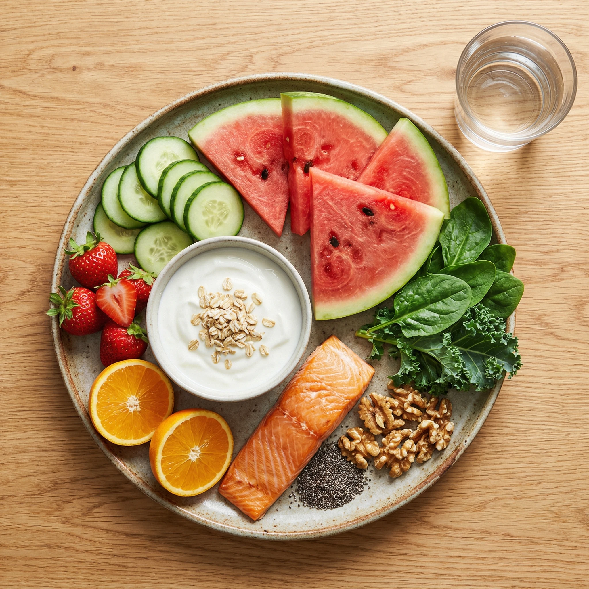 Hydrating foods including cucumber, watermelon, yogurt, salmon, nuts, citrus, and leafy greens on a plate