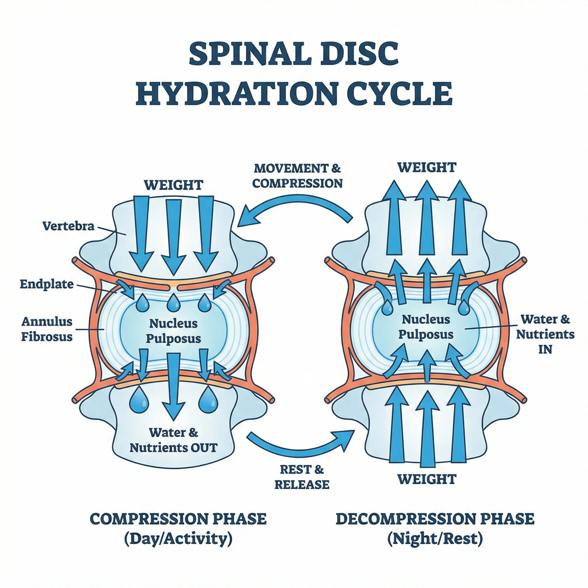Diagram showing how spinal disc hydration works through movement and compression cycles
