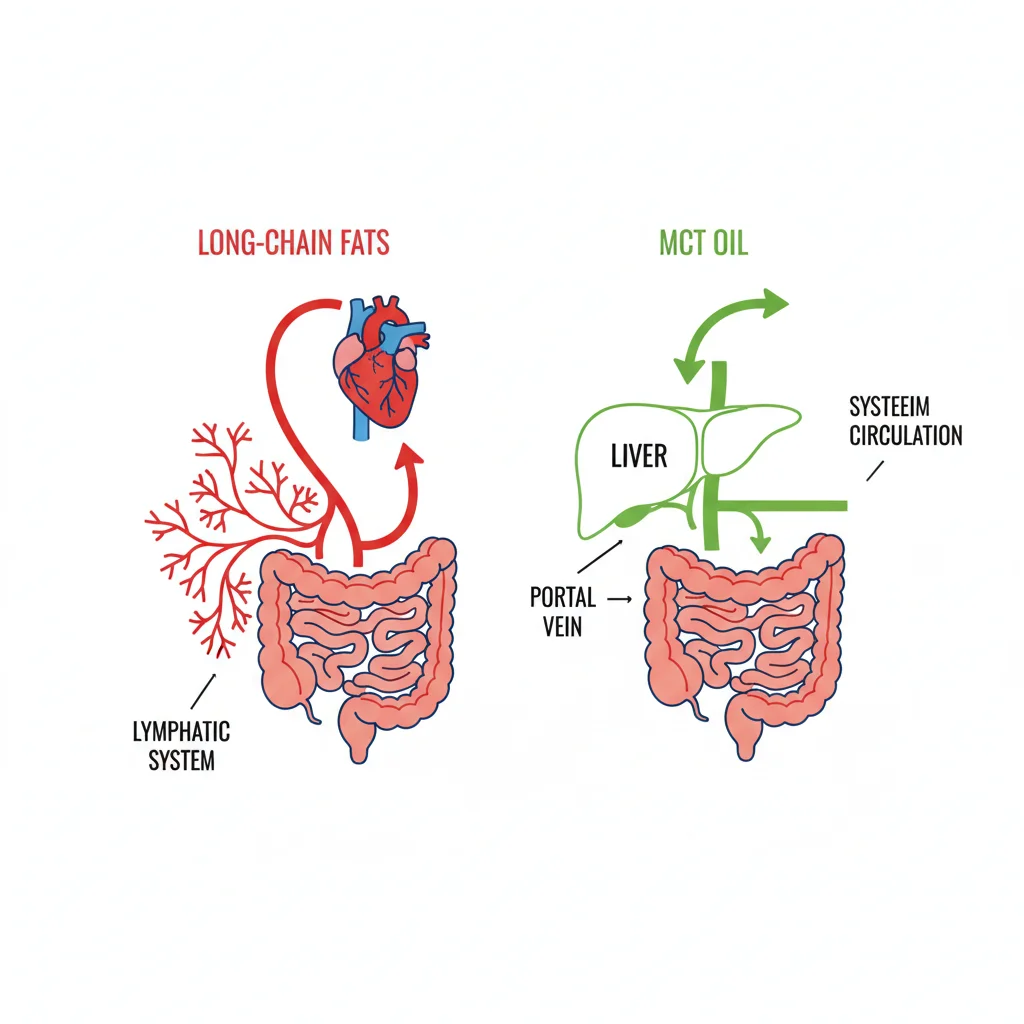 Infographic comparing MCT oil hepatic portal pathway versus standard long-chain fat lymphatic digestion route