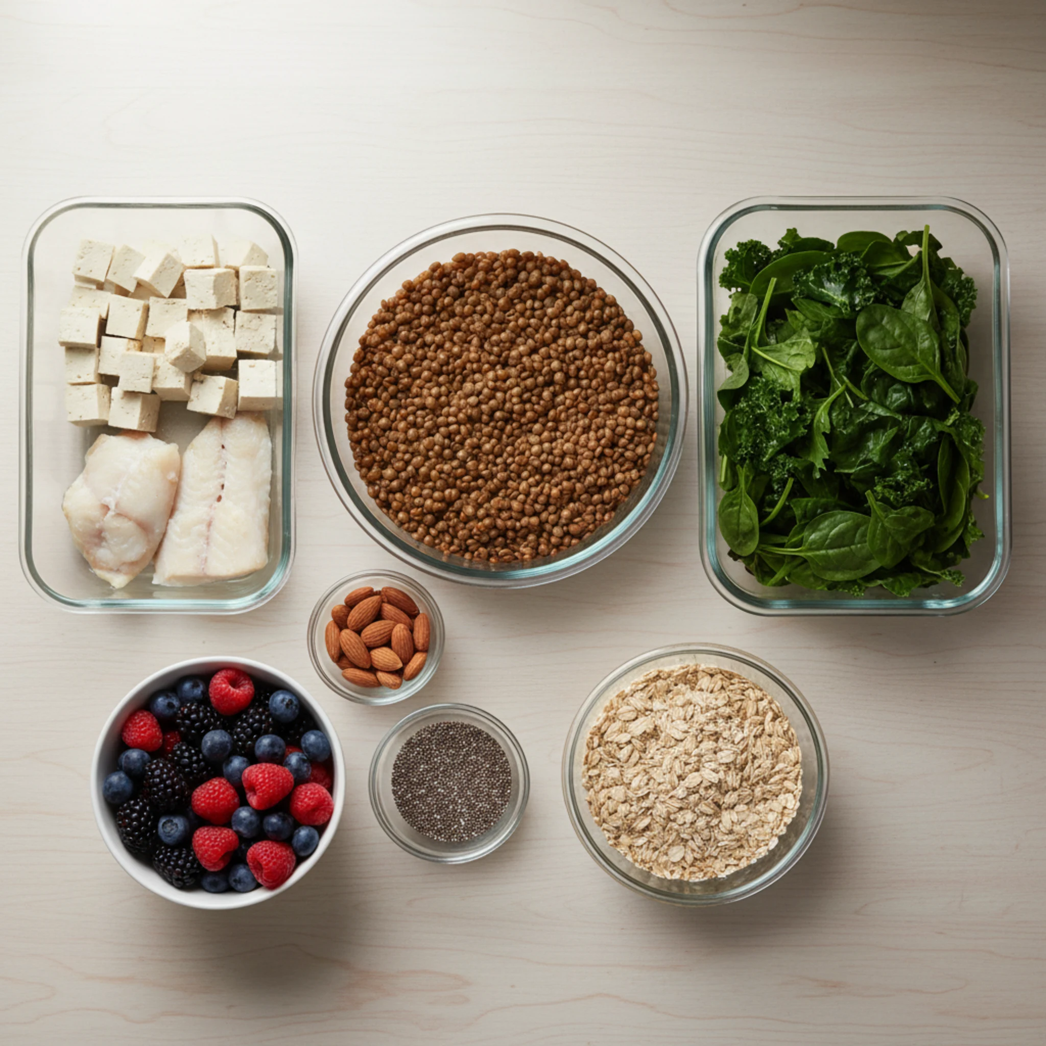 High-protein, high-fiber meal prep ingredients including legumes, leafy greens, fish, tofu, and whole grains on a kitchen counter