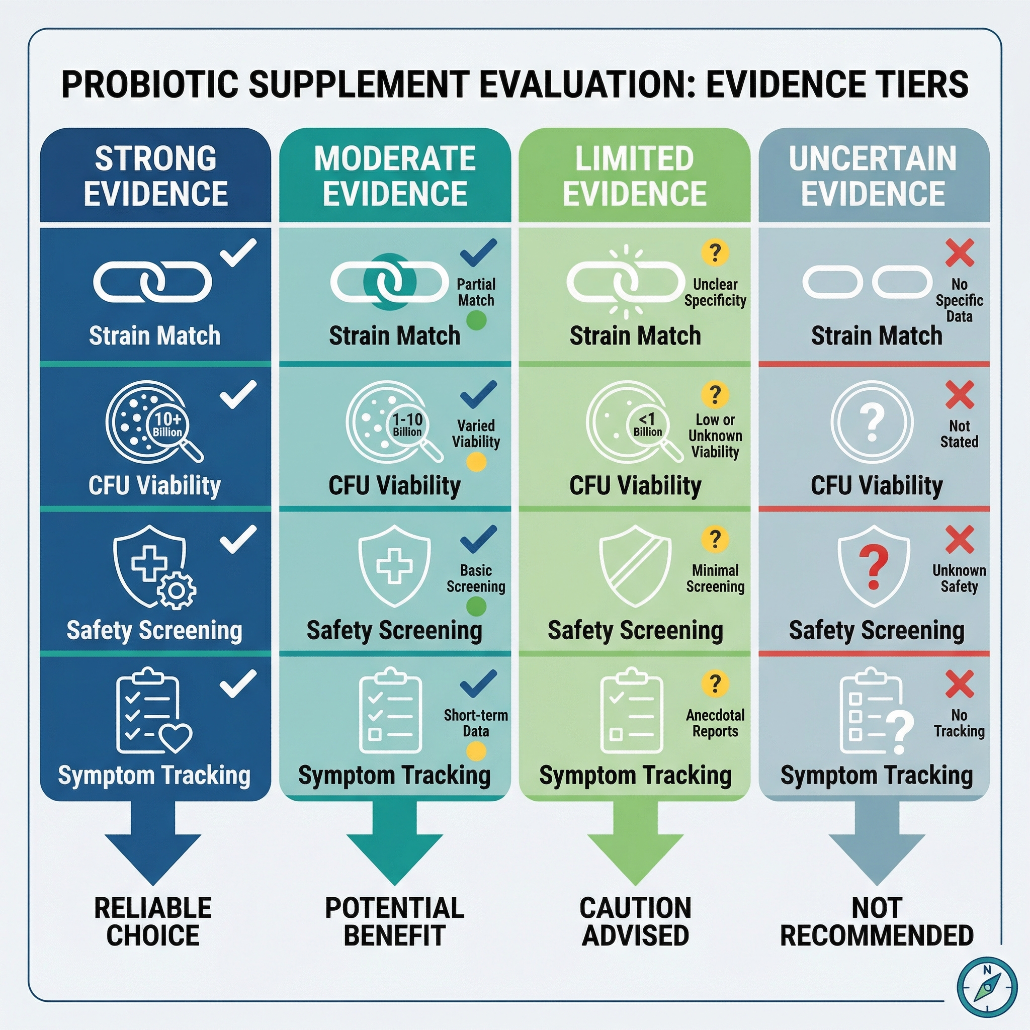 Infographic-style chart ranking probiotic evidence strength from stronger to uncertain across common digestive claims.