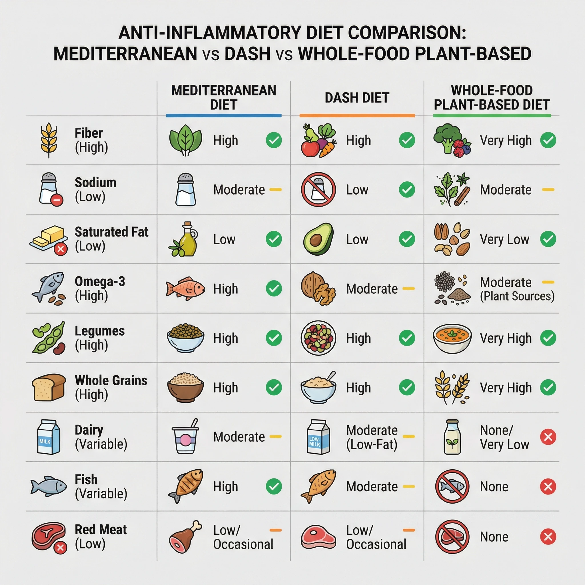 Infographic comparing Mediterranean, DASH, and whole-food plant-based eating patterns across sodium, fiber, fat quality, and key foods.