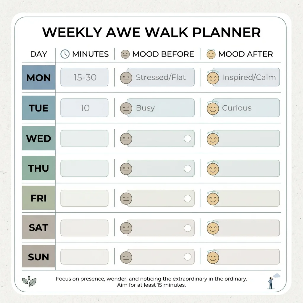 Simple seven-day awe walk planner infographic with minutes and mood-tracking fields.