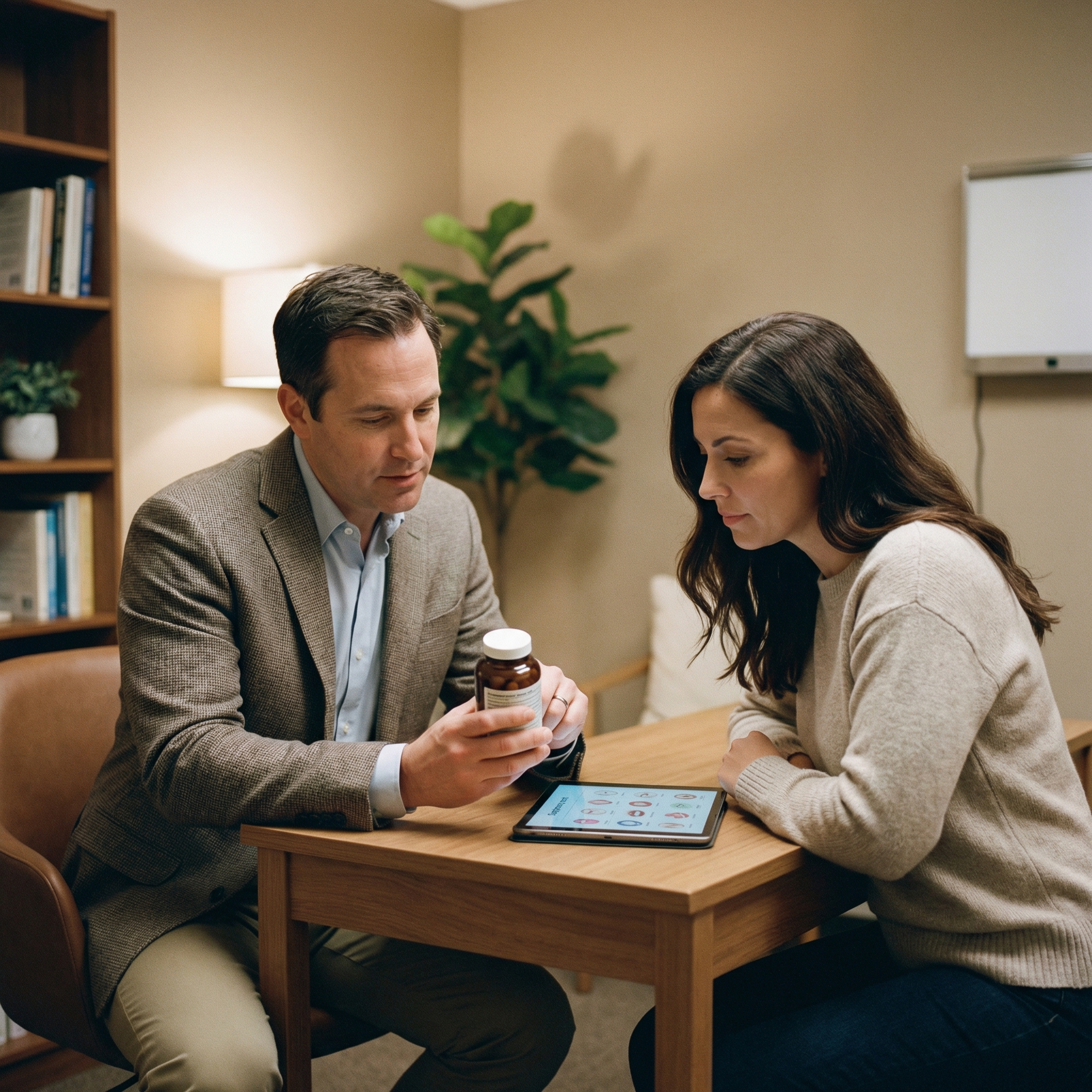 Clinician and patient reviewing probiotic supplement details during a digestive health consultation.