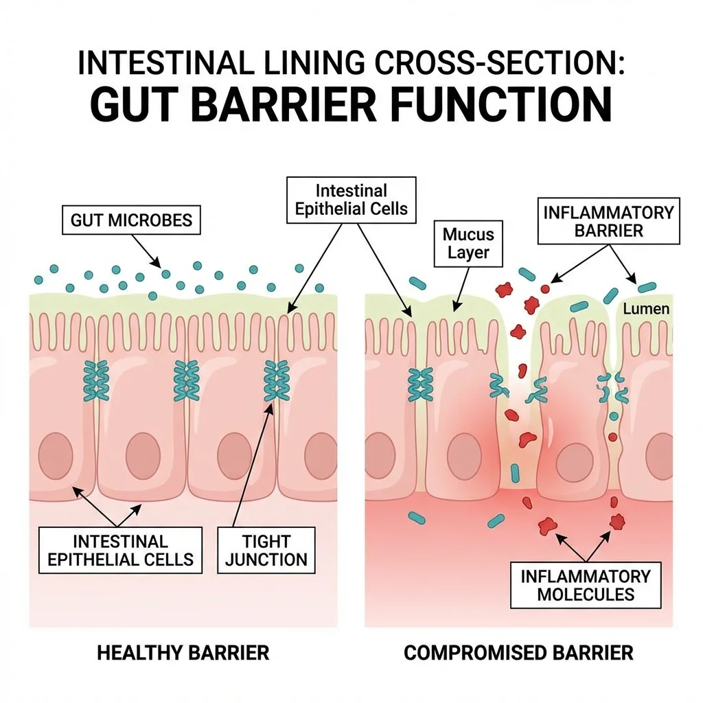 Detailed anatomical illustration of intestinal lining showing tight junction proteins between epithelial cells