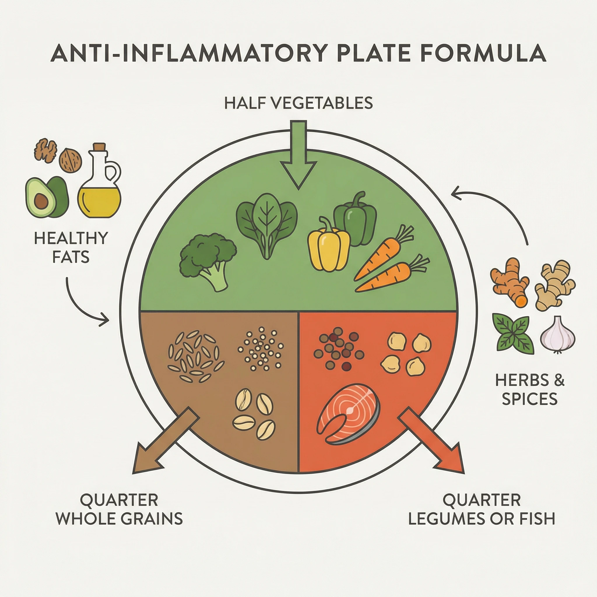 Infographic showing anti-inflammatory plate formula with vegetables, whole grains, legumes or fish, and healthy fats.