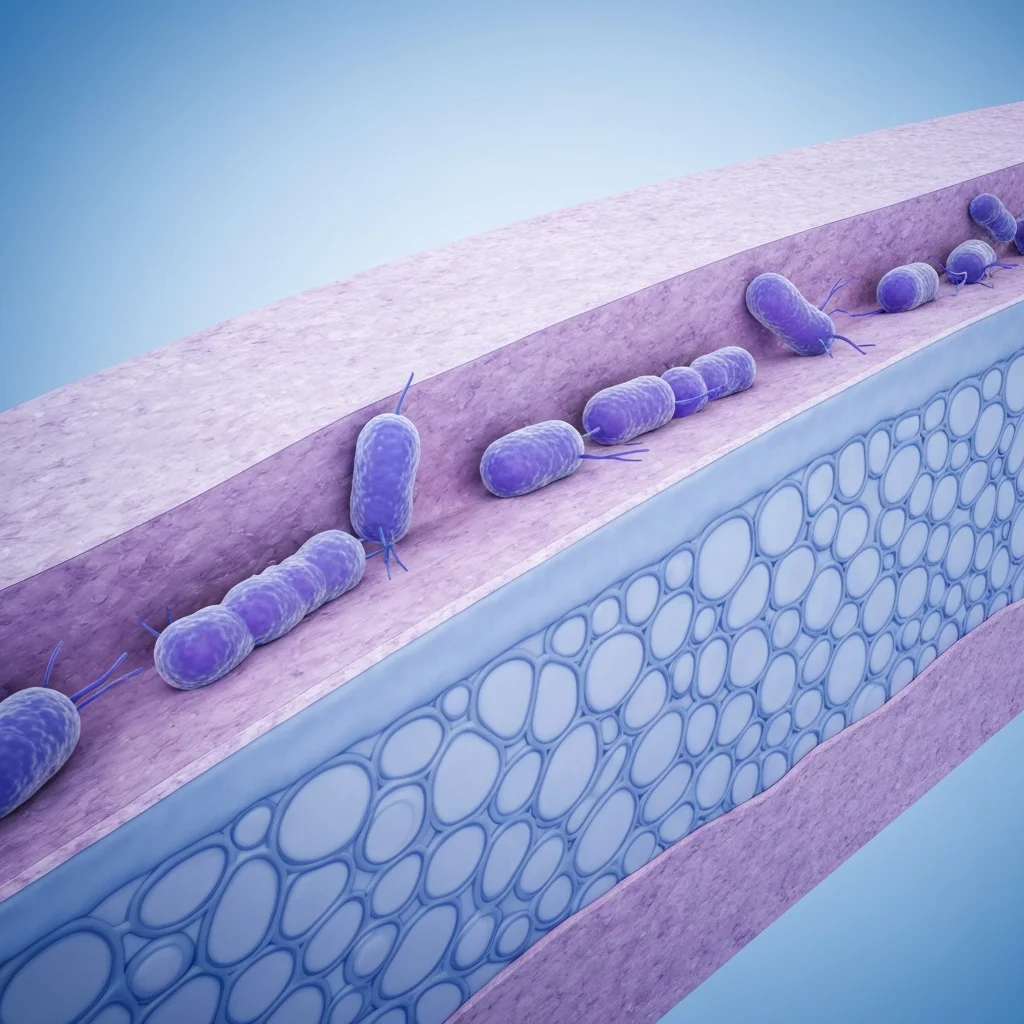 Cross-section illustration of the intestinal wall showing Akkermansia muciniphila bacteria colonies in the mucus layer