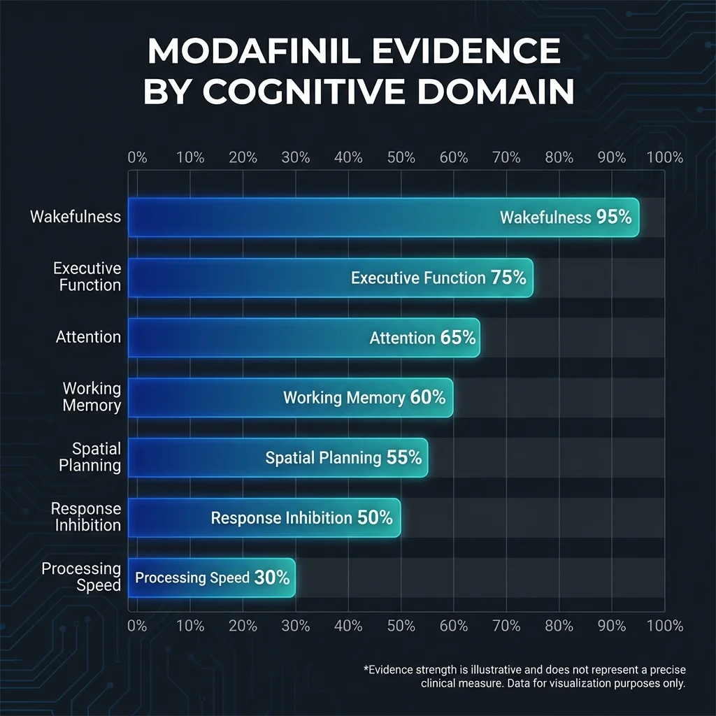 Infographic comparing modafinil effectiveness across different cognitive domains with bar chart visualization