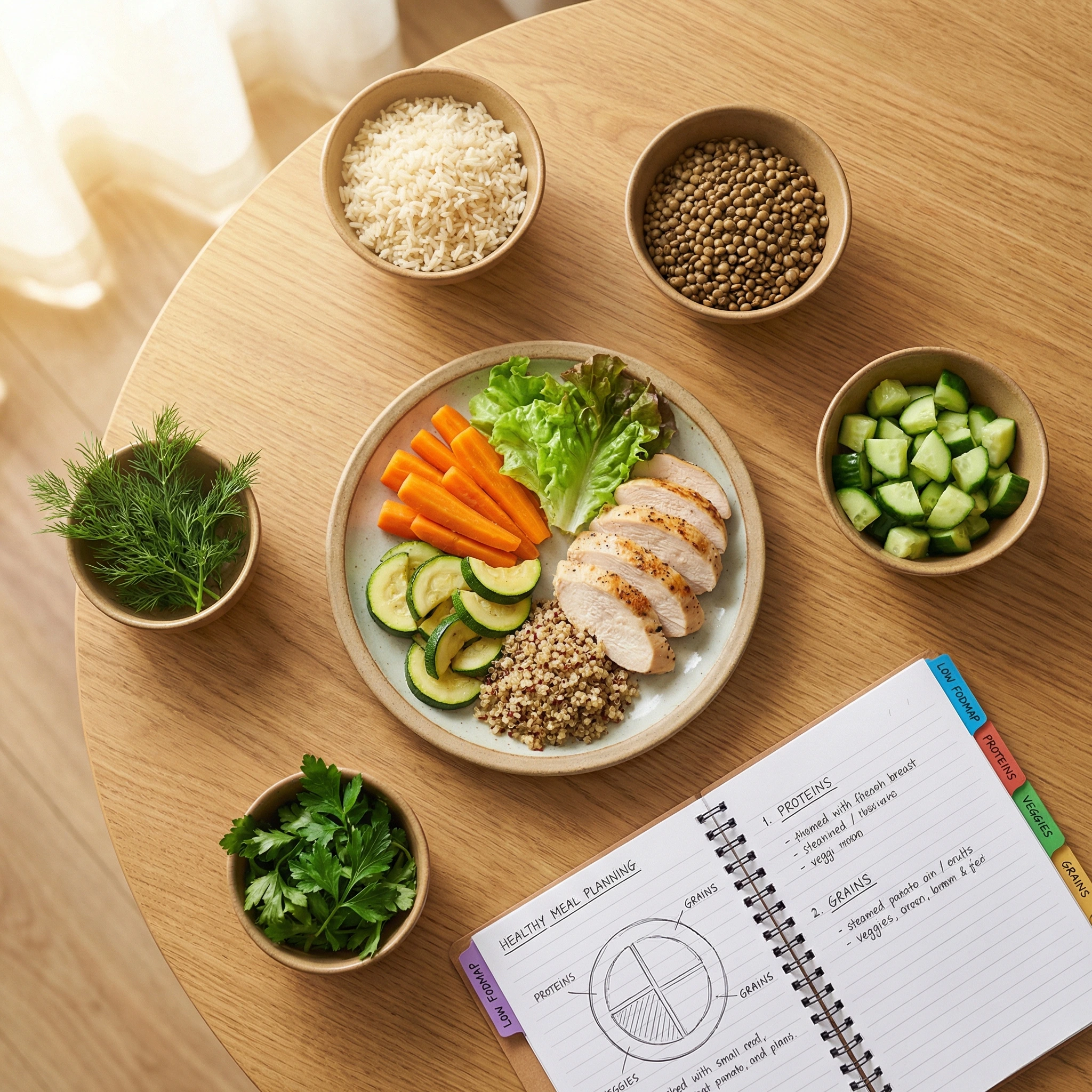 Balanced personalized meal plate concept with tolerated carbohydrates proteins vegetables and flavor options labeled for IBS planning