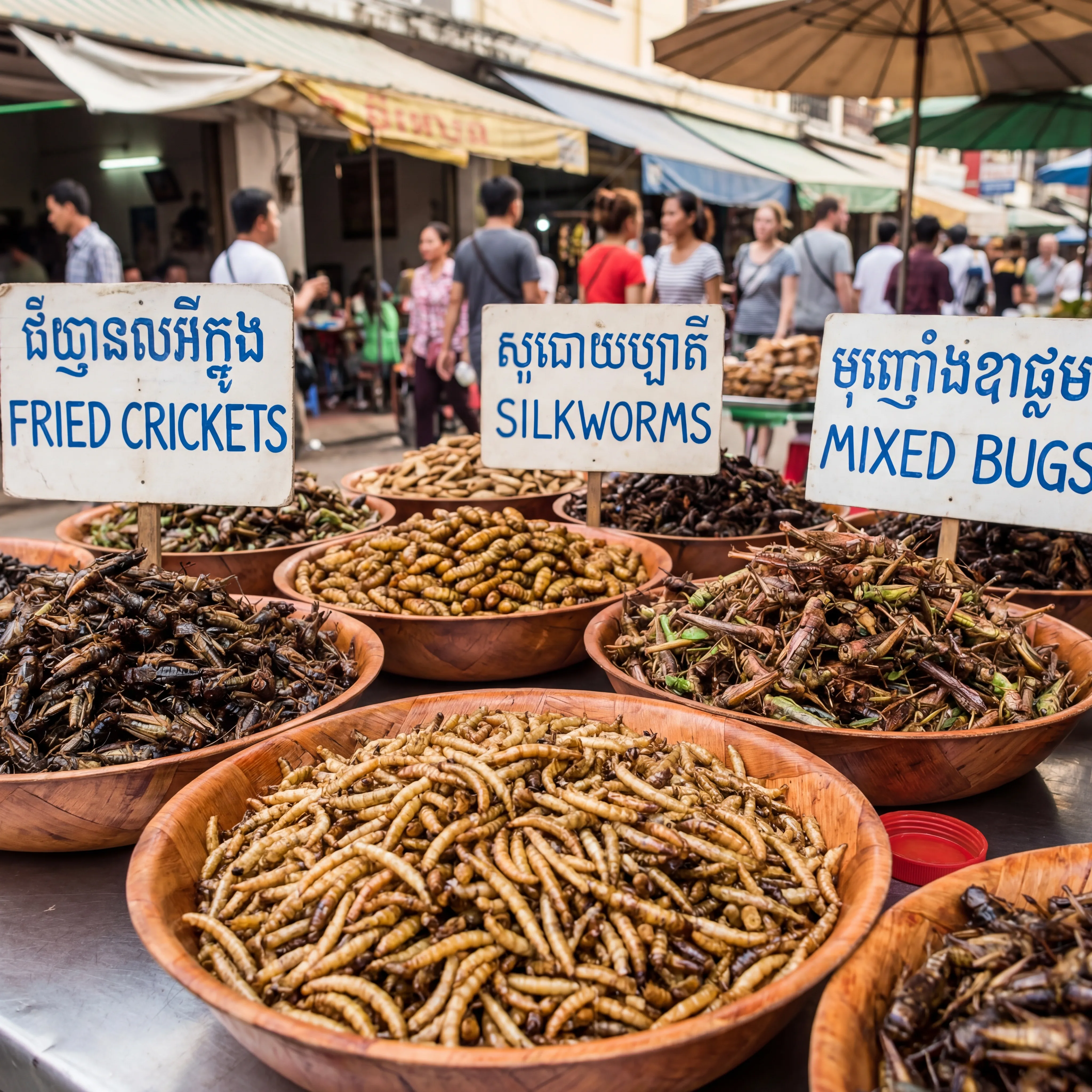 Bowls of fried crickets, silkworms, and mixed bugs displayed at a Cambodian street food market with handwritten signs