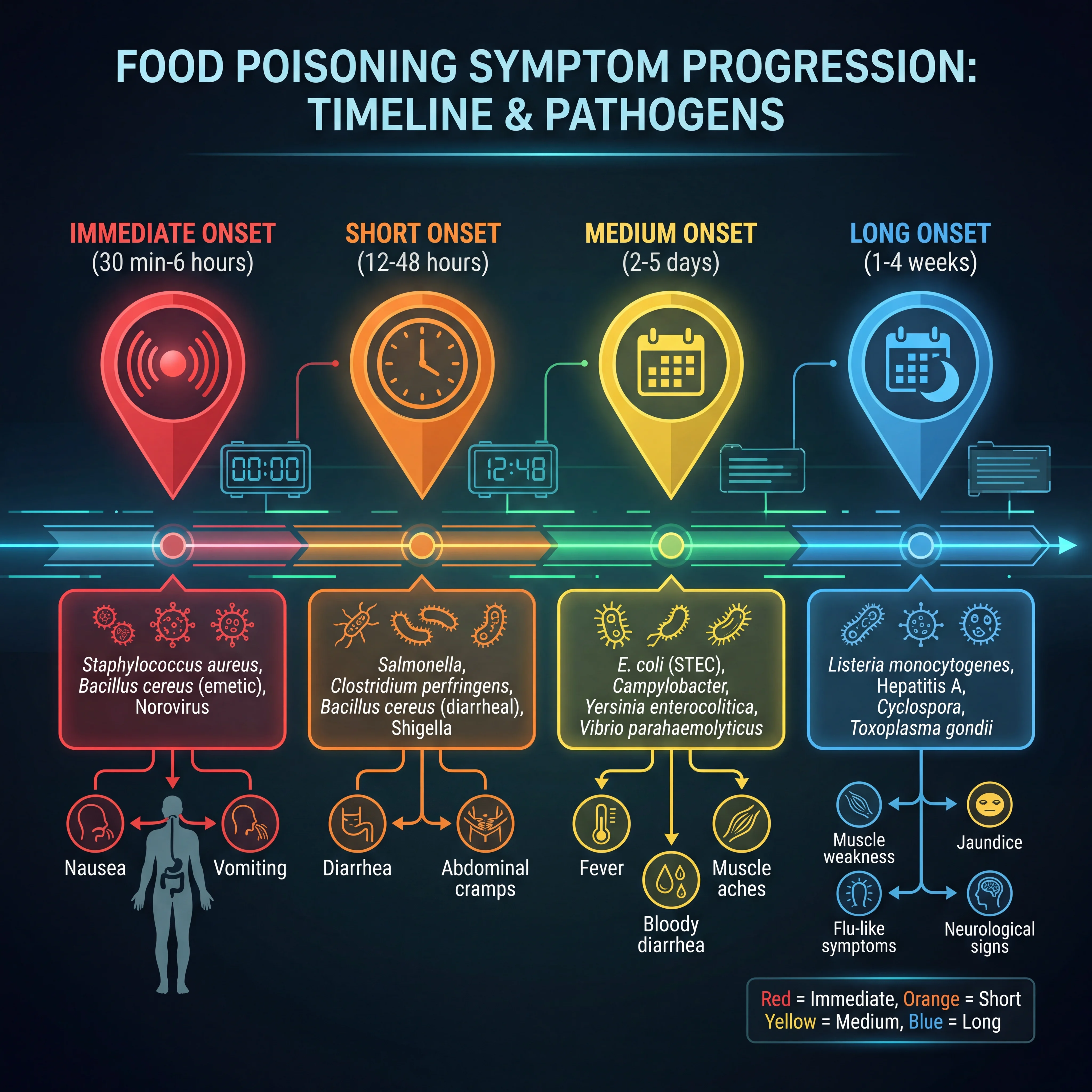 Infographic showing food poisoning symptom onset timelines grouped by pathogen type from hours to weeks
