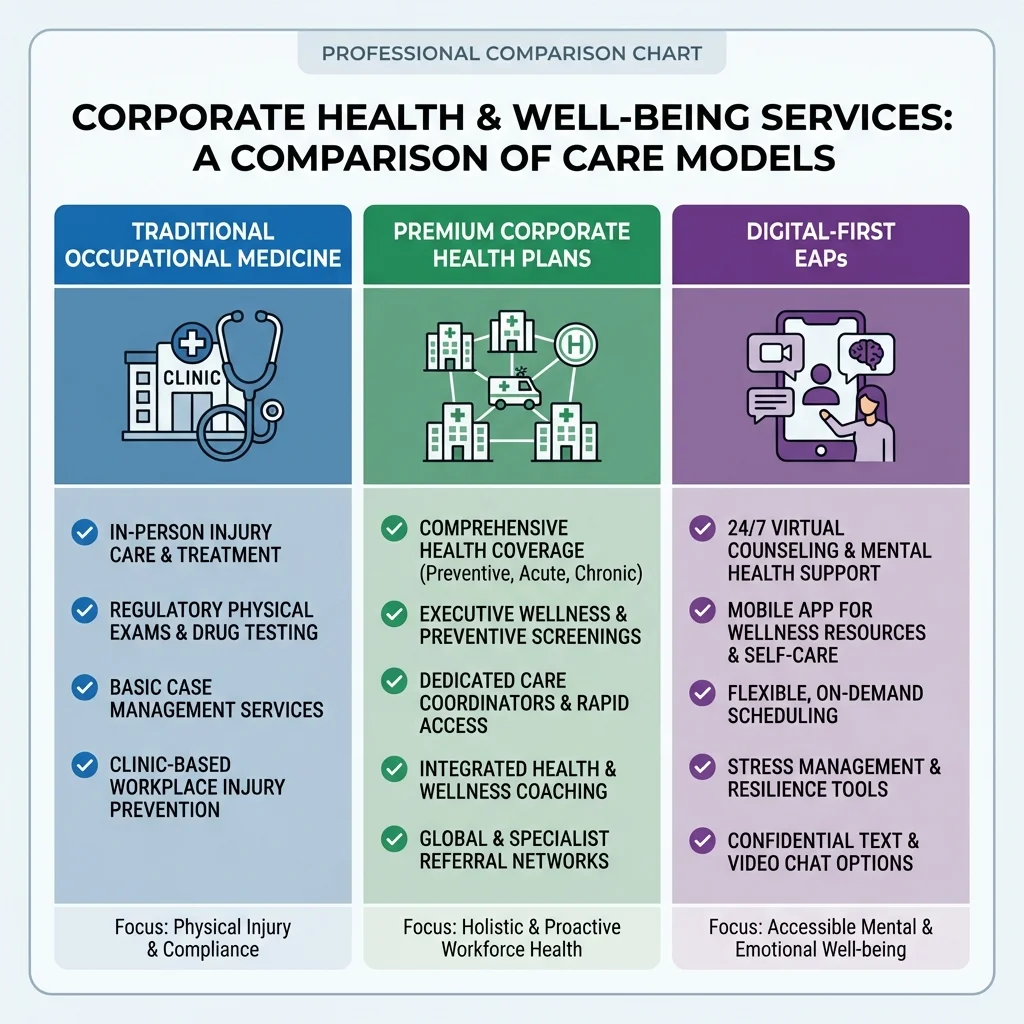 Side by side comparison chart of traditional occupational medicine versus digital employee assistance programs