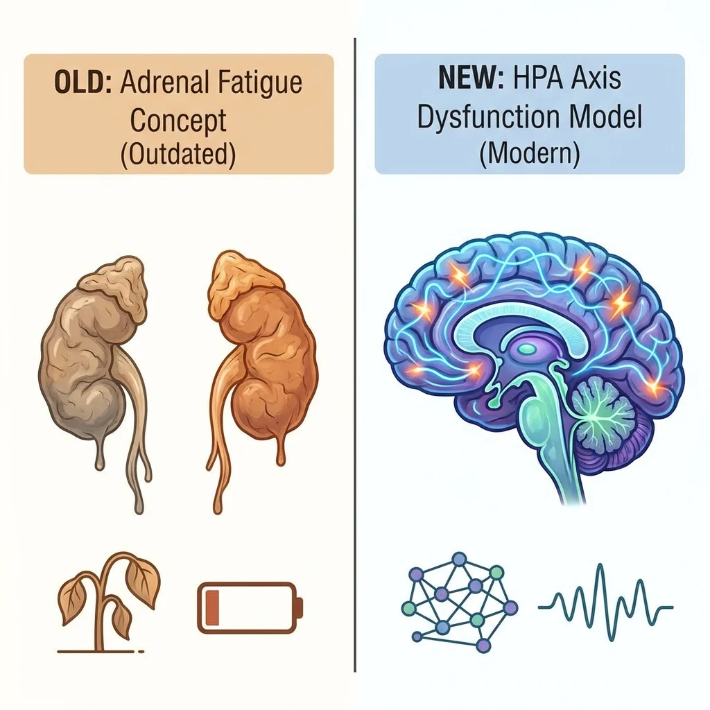 Comparison table showing the outdated adrenal fatigue model versus the current HPA axis dysfunction understanding