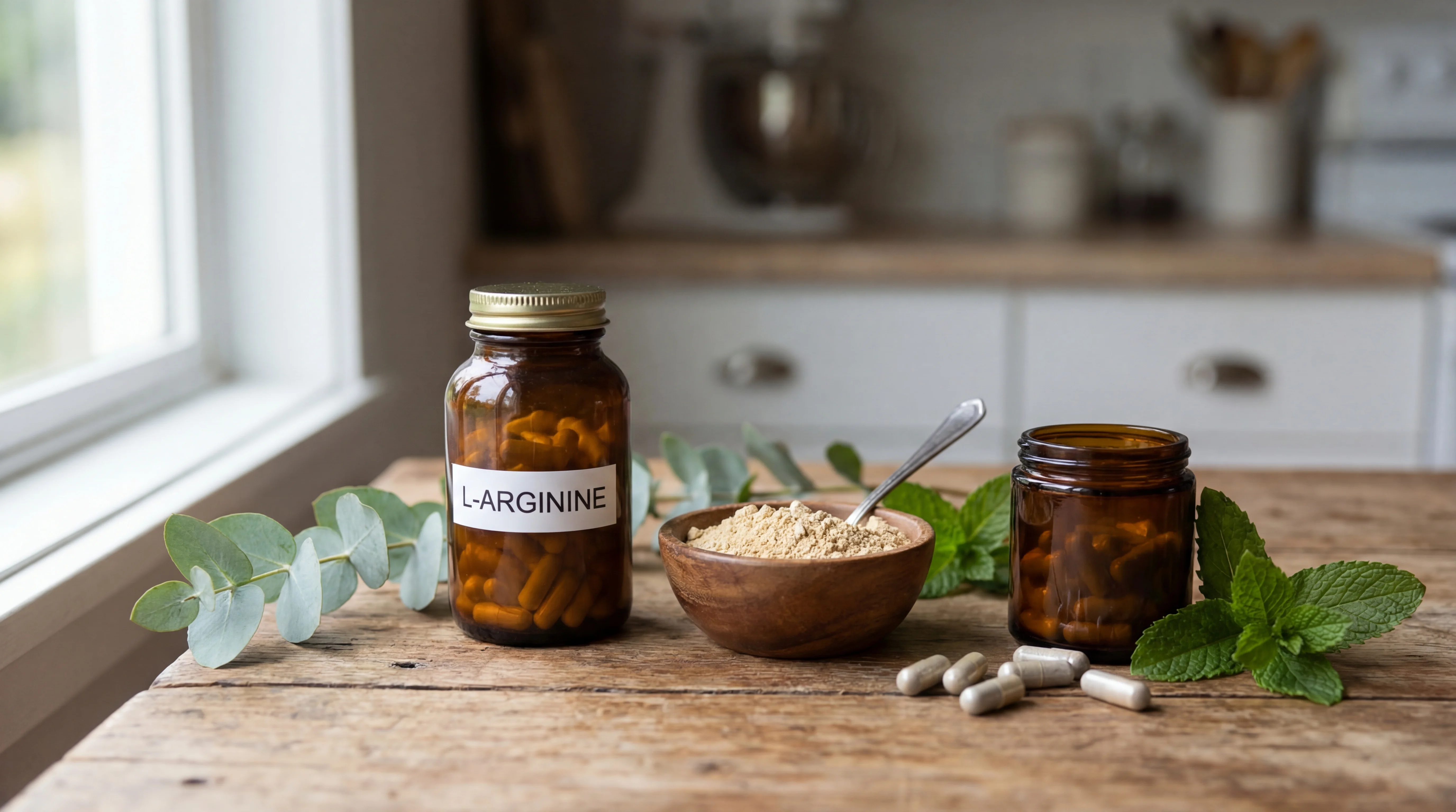 Zinc capsules, maca root powder, and L-arginine supplement bottles arranged on a wooden surface with green leaves