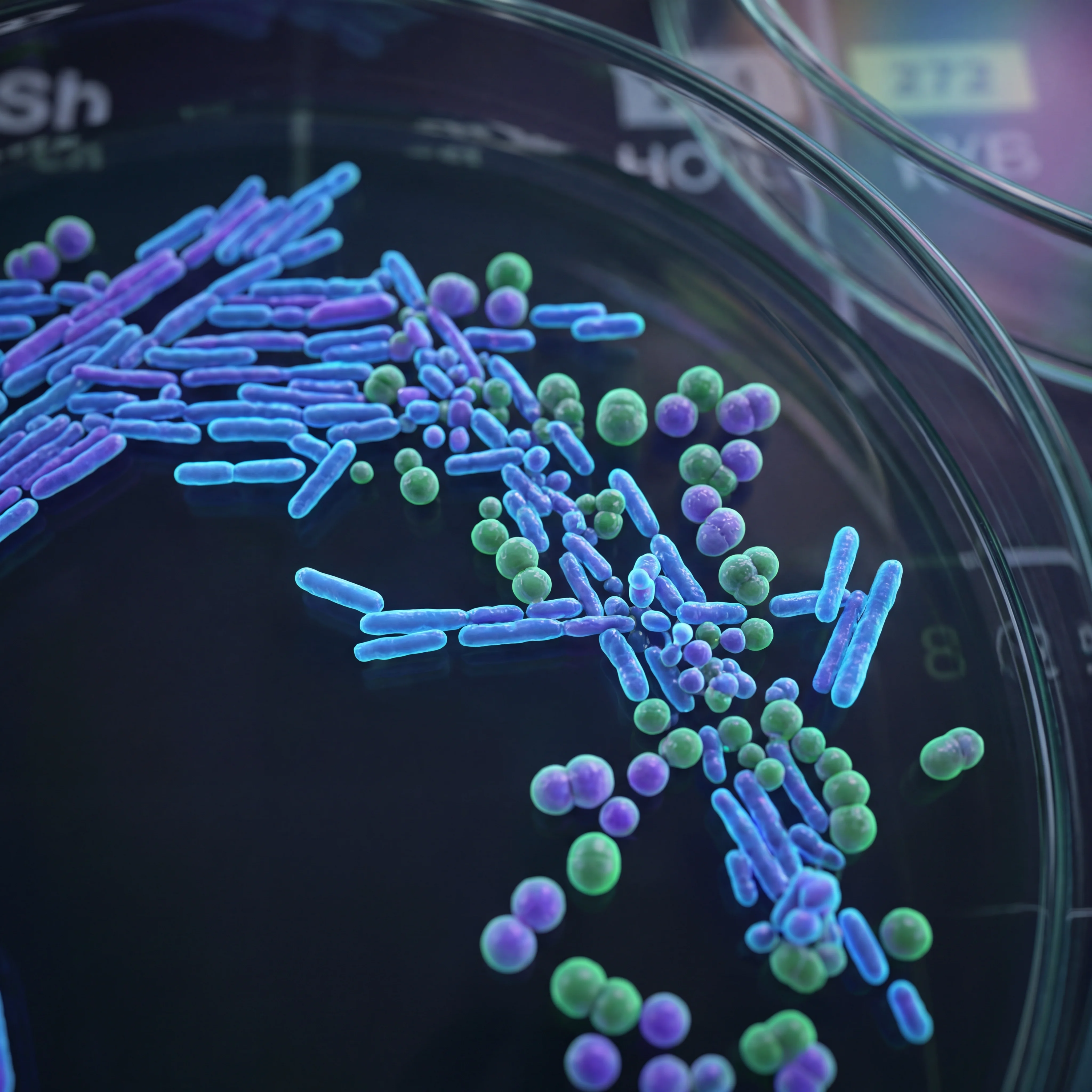 Microscopic view of rod-shaped bacteria colonies on a dark background