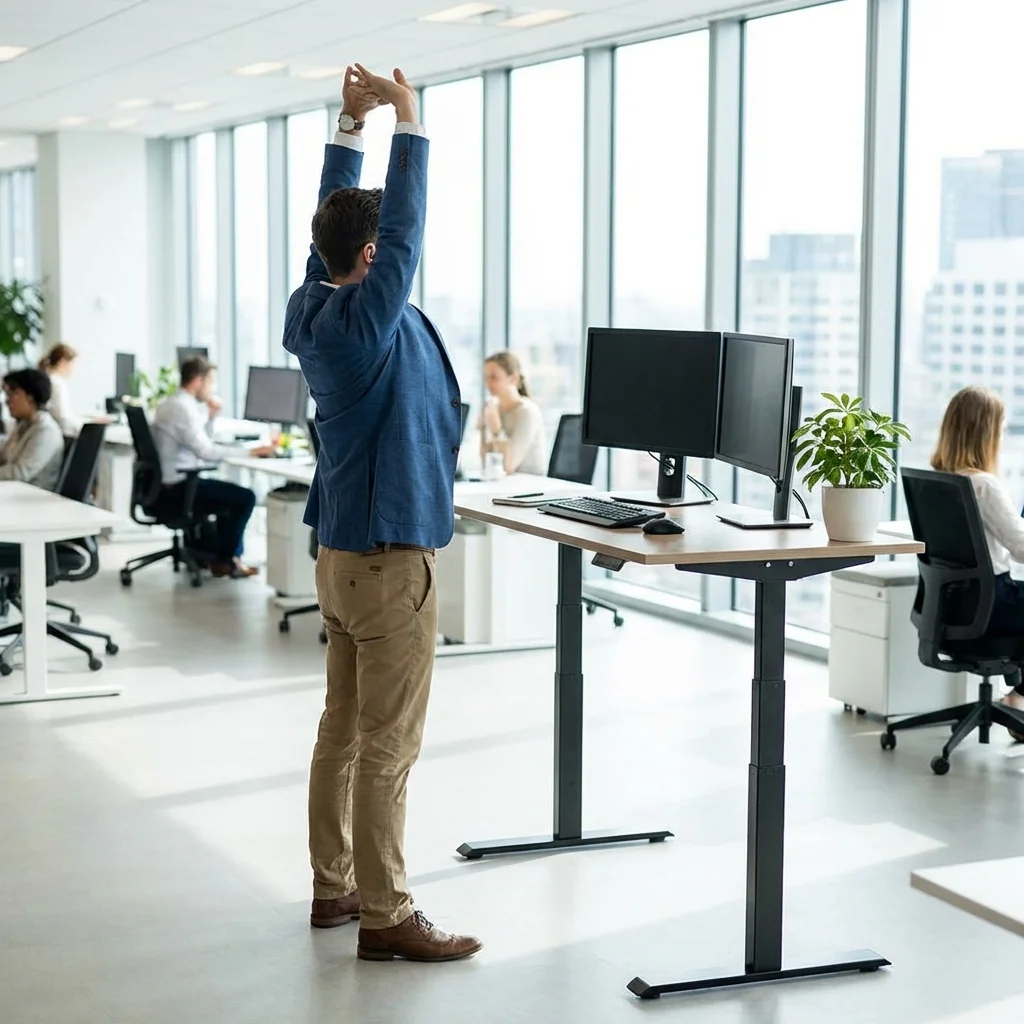 Office worker stepping away from desk for an active microbreak with stretching movement
