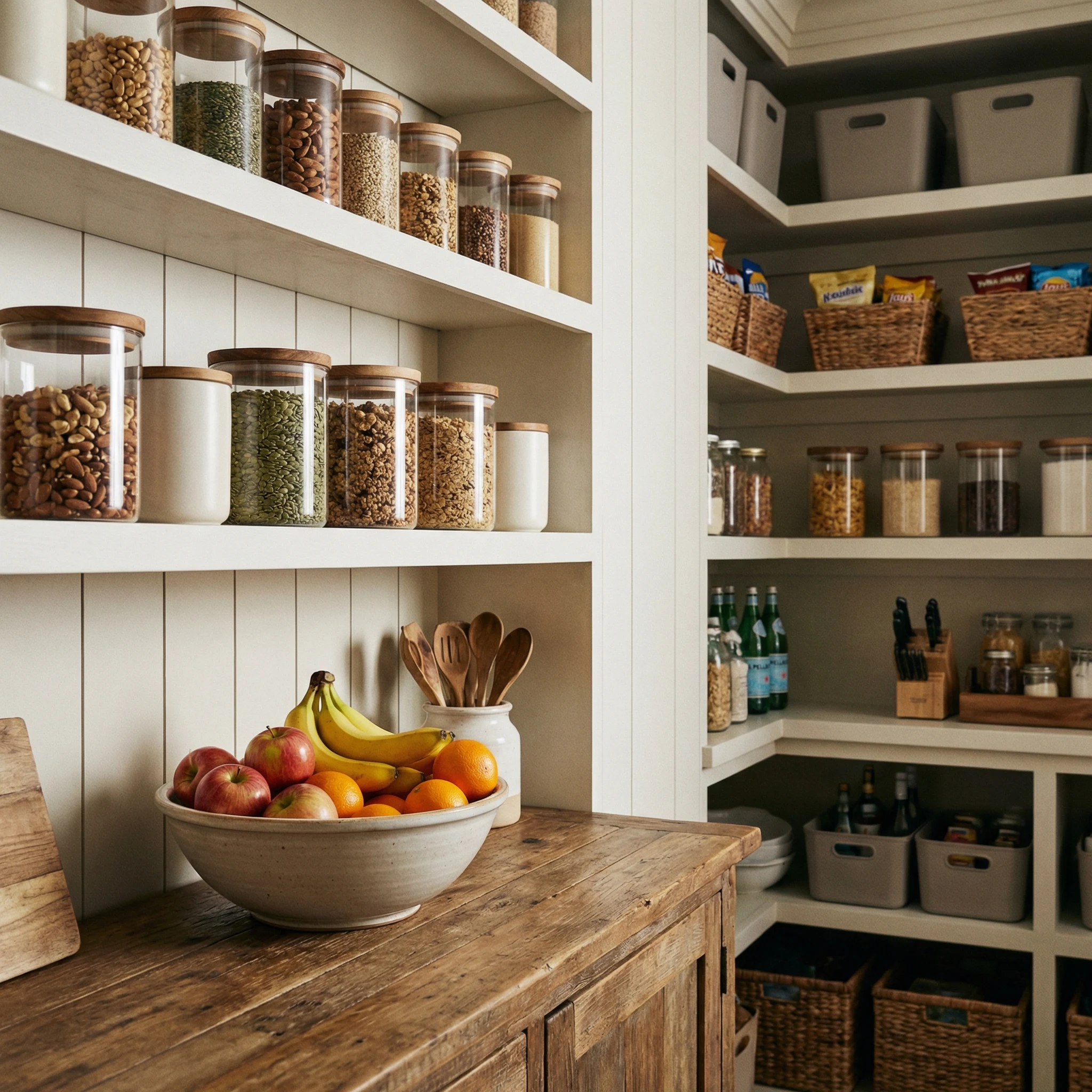 Organized pantry and refrigerator with healthy foods placed at eye level and less healthy snacks stored out of immediate reach