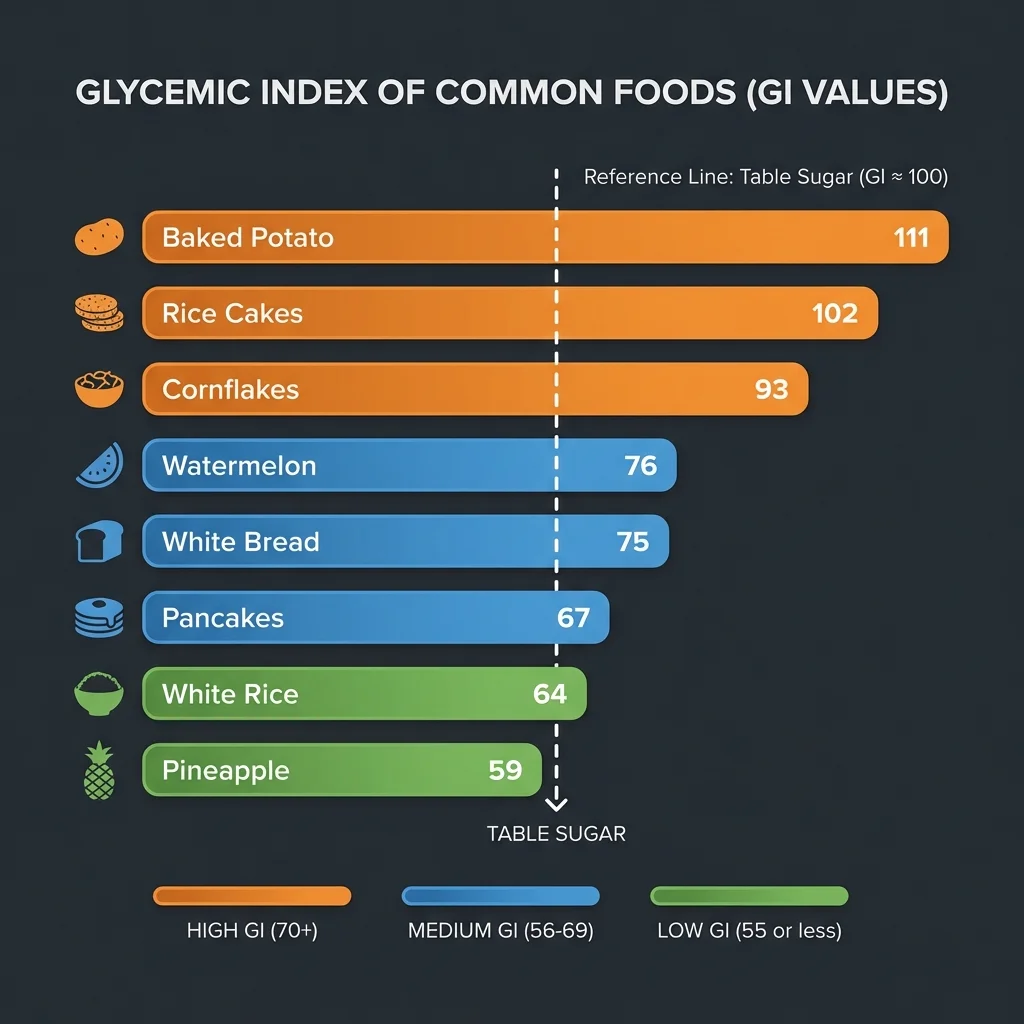 Infographic comparing glycemic index values of eight common foods with color-coded bars showing their GI scores from moderate to very high