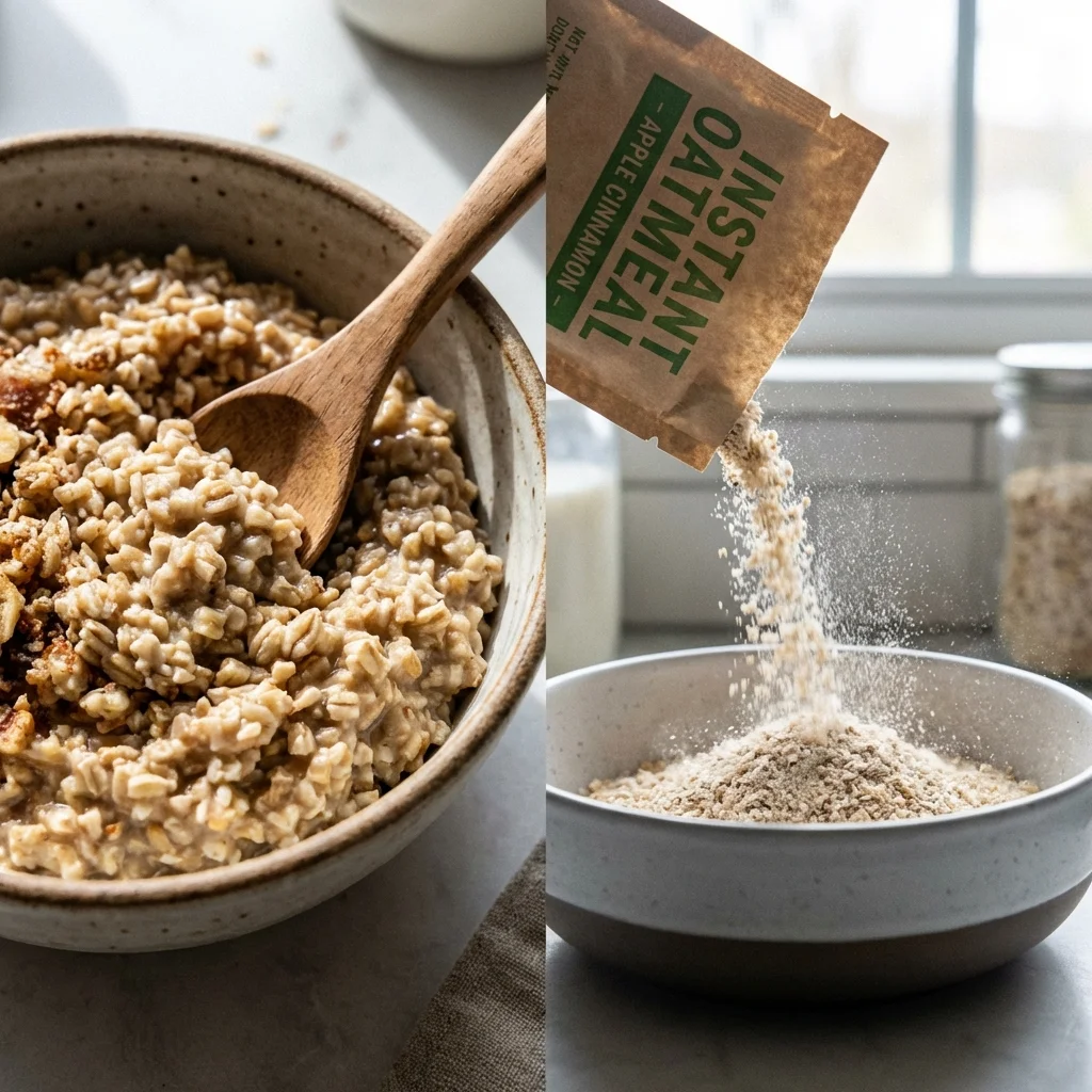 Close-up of whole grain oats next to instant oatmeal packets showing the difference in texture and processing level