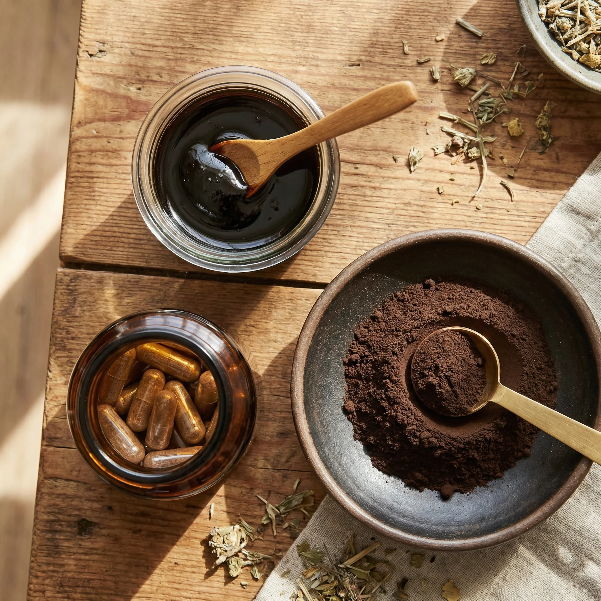 Comparison of shilajit supplement forms including resin, capsules, and powder displayed on a wooden surface