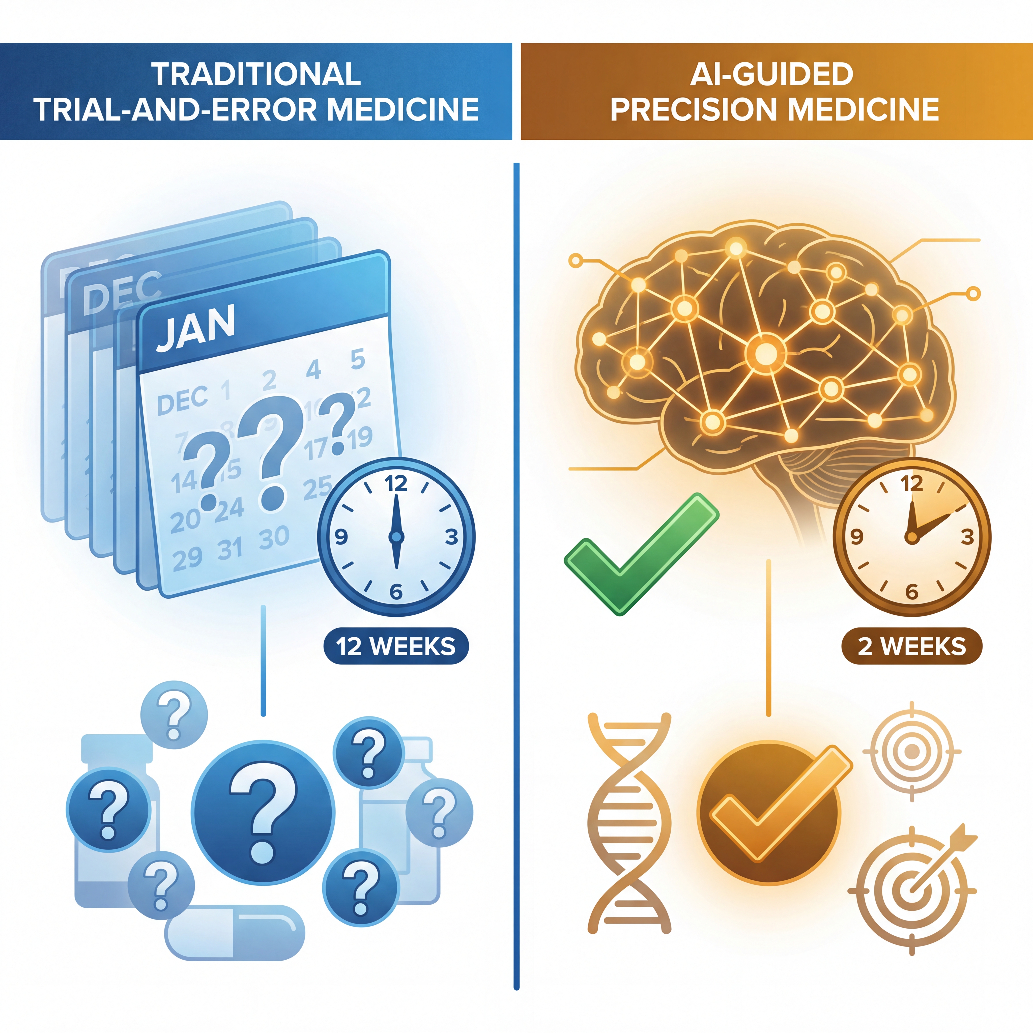 Split comparison showing traditional trial-and-error prescribing versus AI-guided personalized treatment selection for skin conditions
