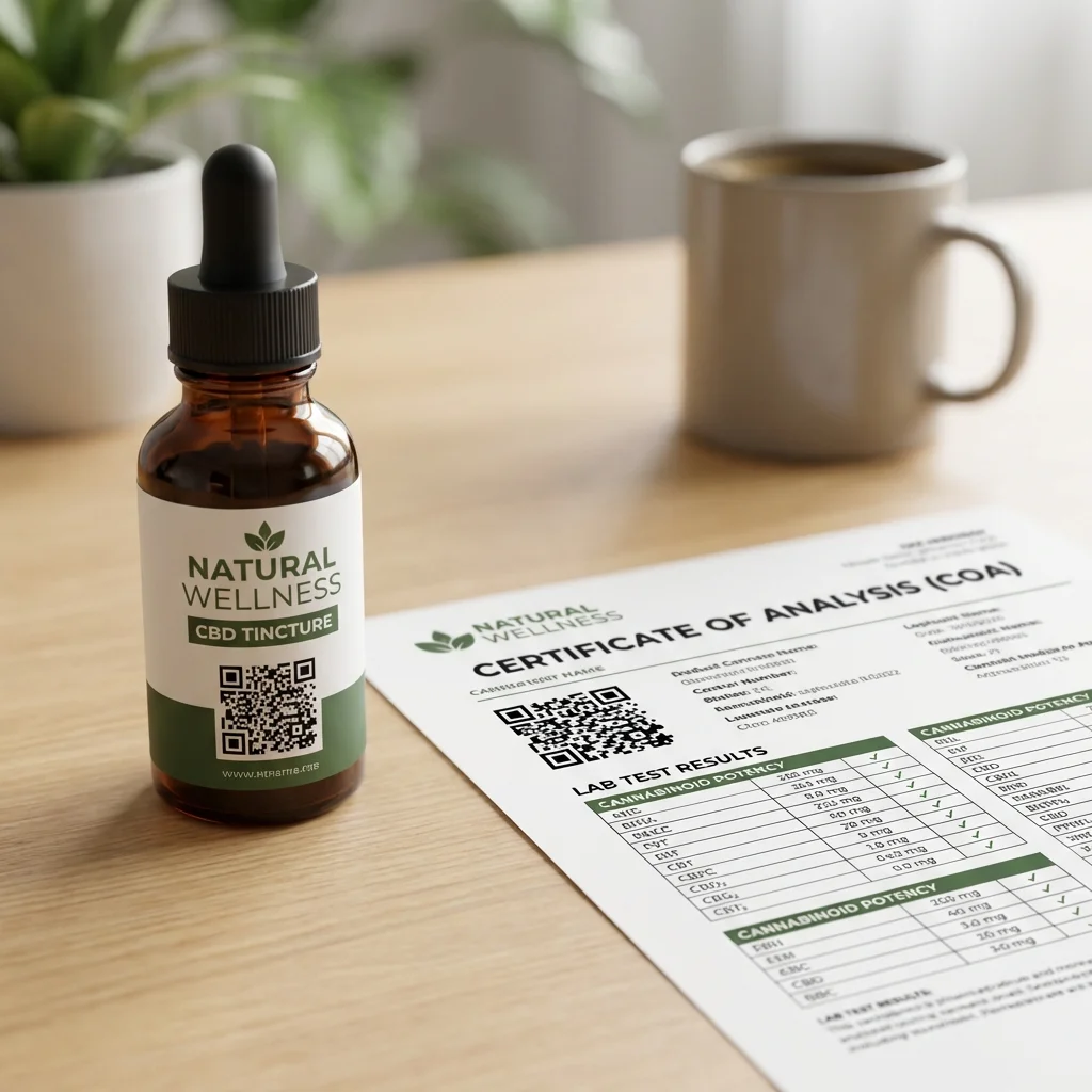 CBD product label and third-party certificate of analysis document showing lab test results