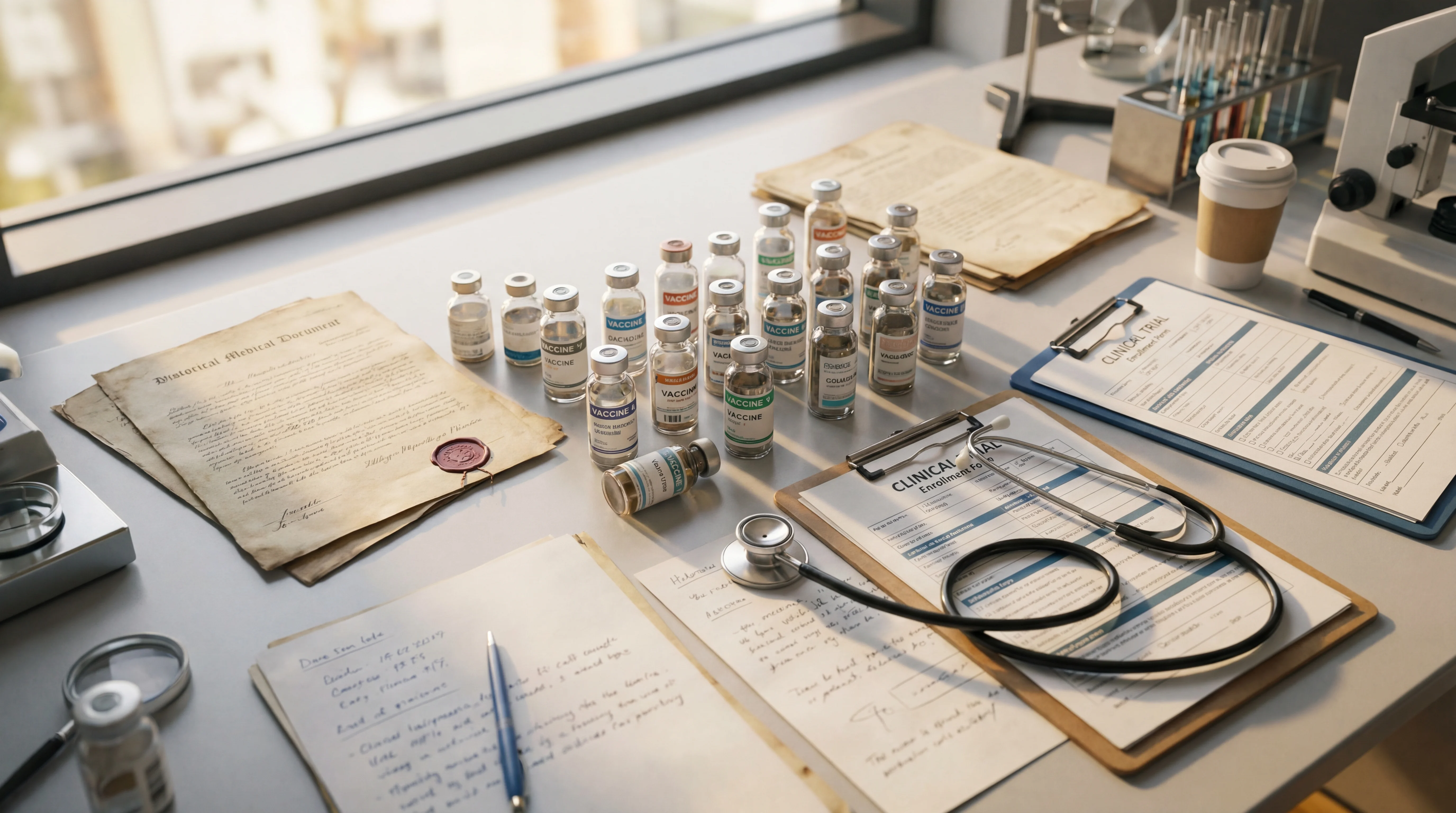 Laboratory vials and historical clinical trial documents arranged on a research table