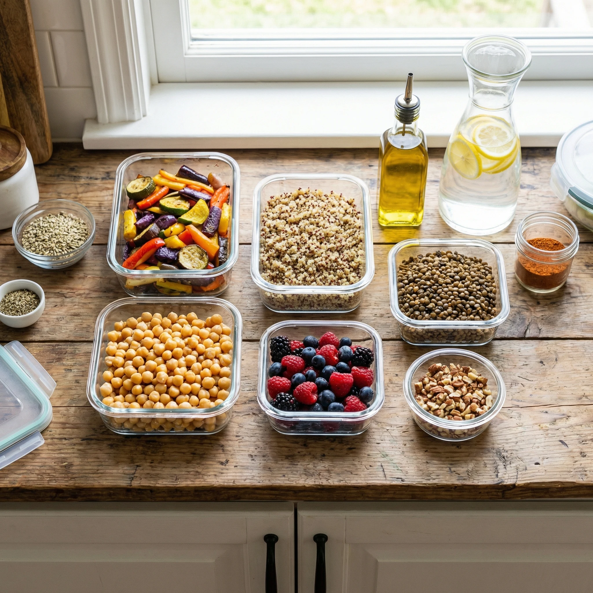 Top-down healthy meal prep with colorful vegetables, whole grains, legumes, berries, and olive oil