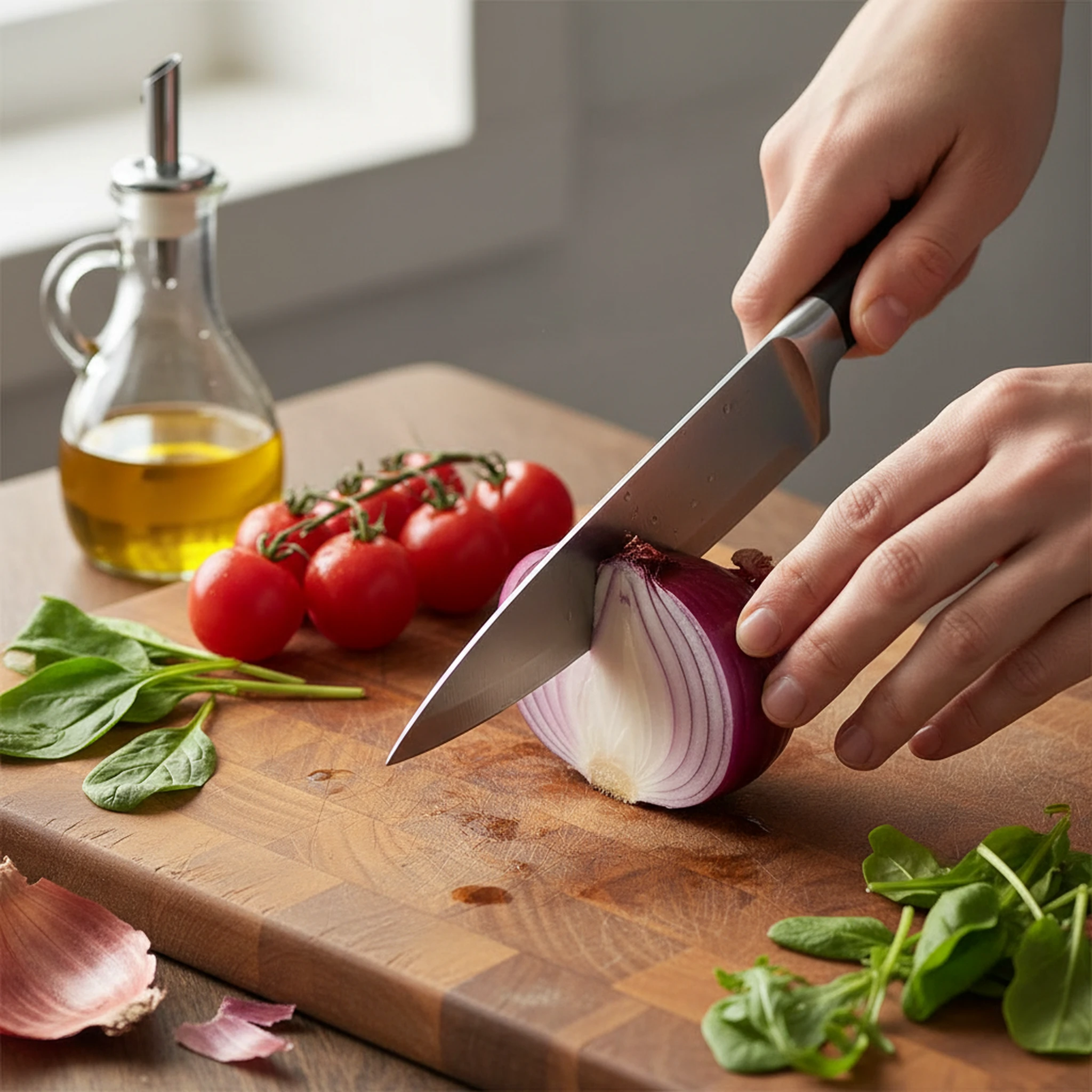 Hands slicing red and yellow onions on a cutting board beside olive oil, tomatoes, and leafy greens for home meal prep