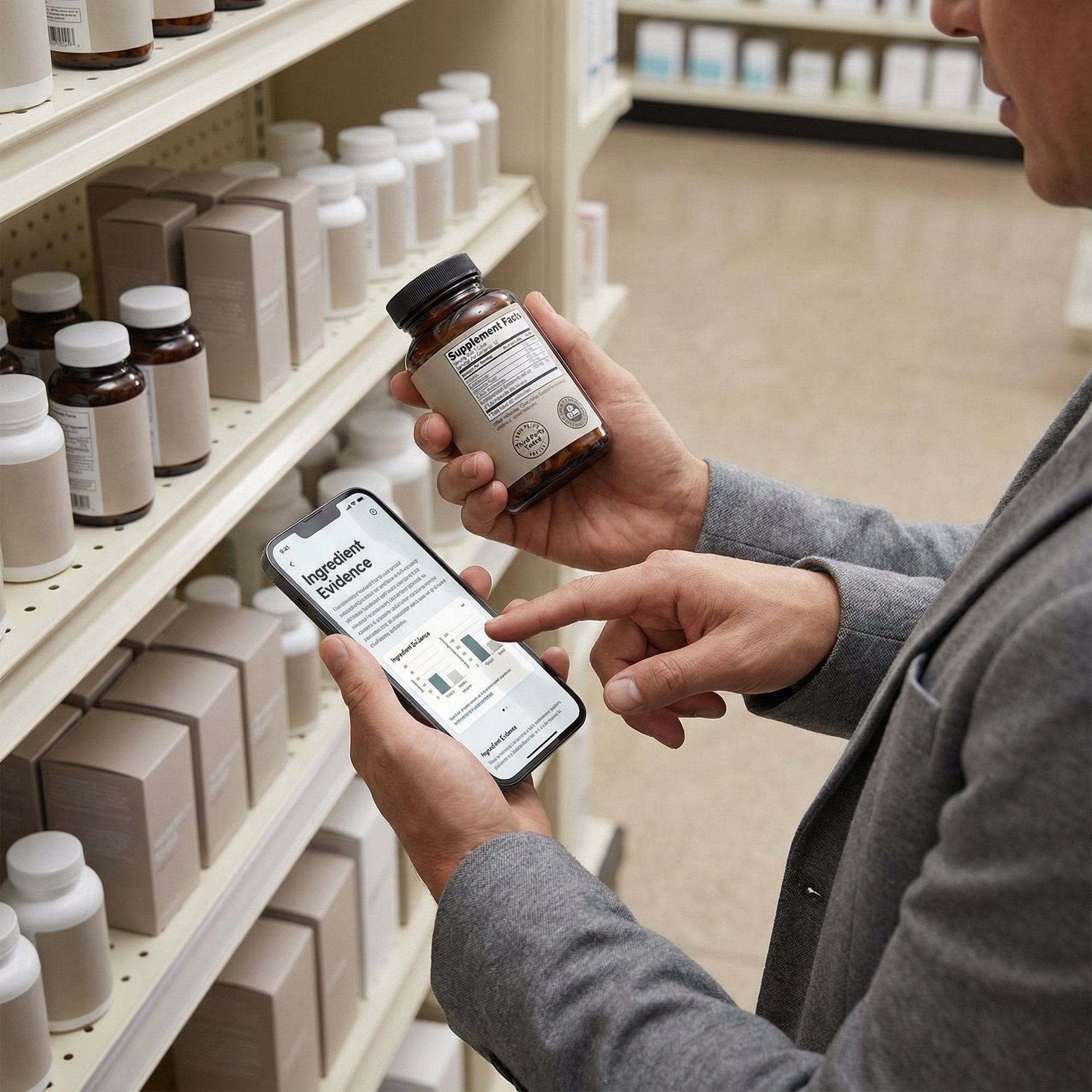 Person checking supplement facts panel and quality certifications while researching ingredient evidence on a phone