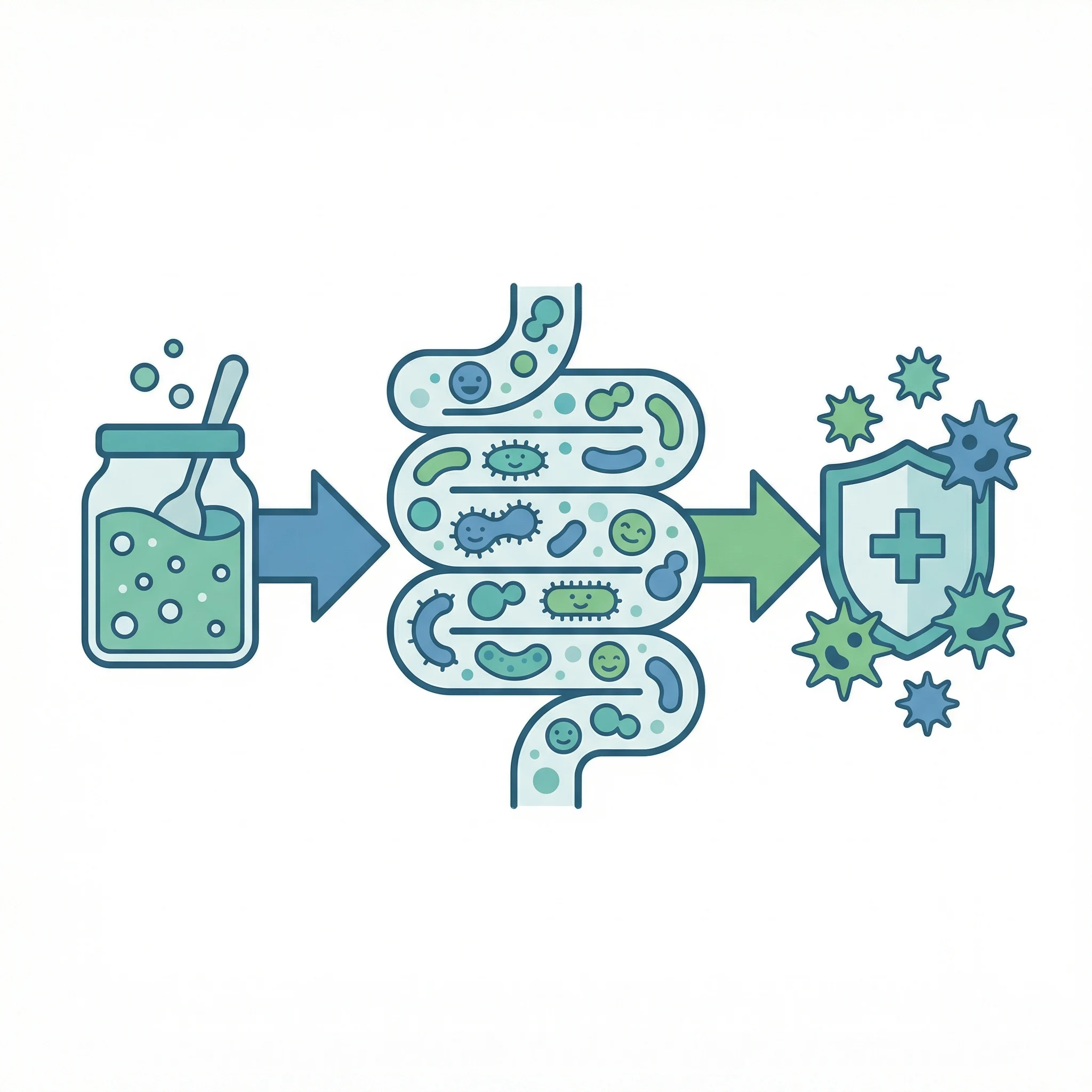 Infographic showing probiotic foods, gut microbiome balance, and immune-support pathways without text